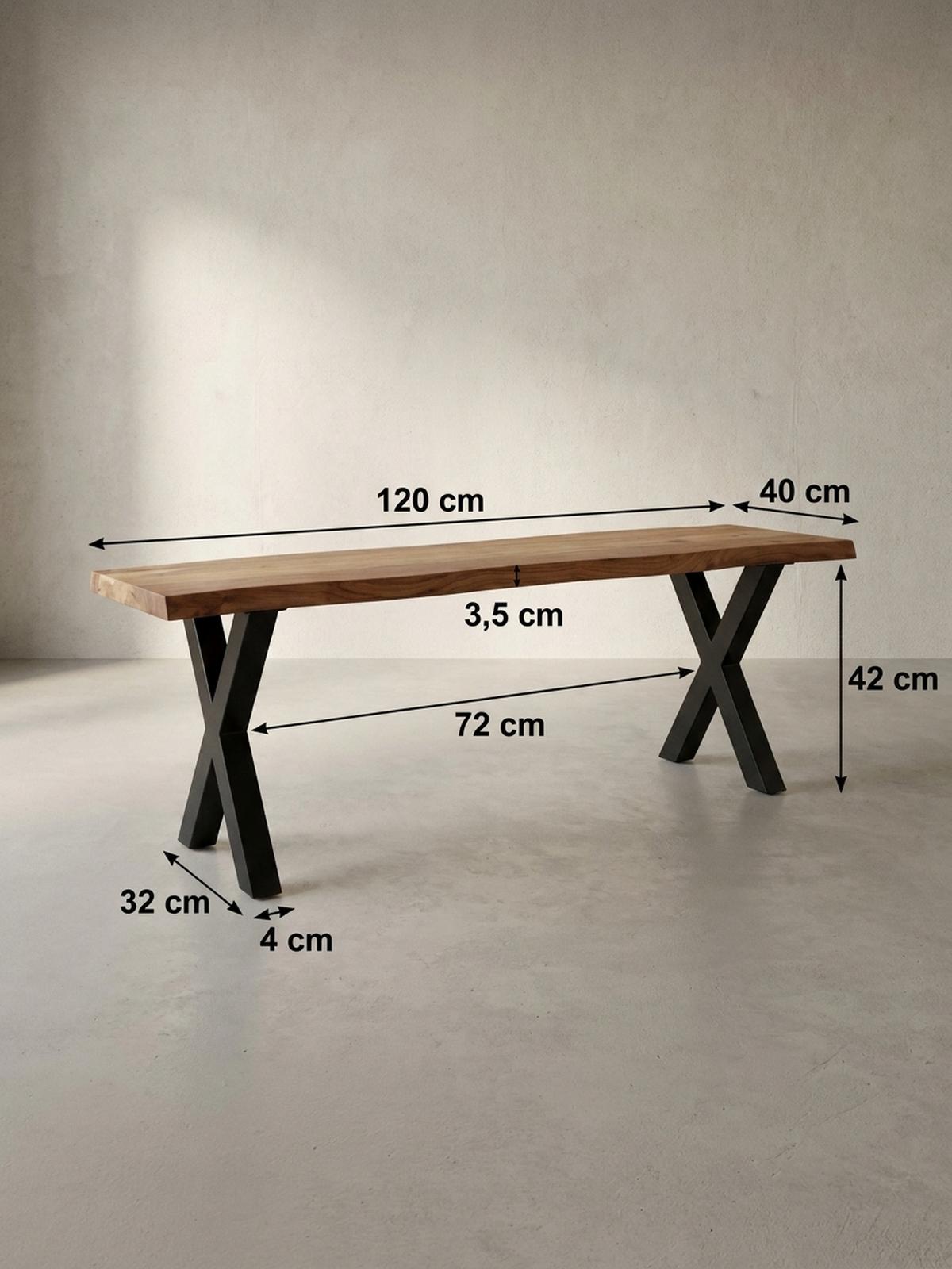 ESSZIMMERBANK Massivholz Metall Baumkante X-Beine, Akazie 120x40x46 cm - Schwarz/Braun, Holz/Metall (120/46/40cm) - KADIMA DESIGN
