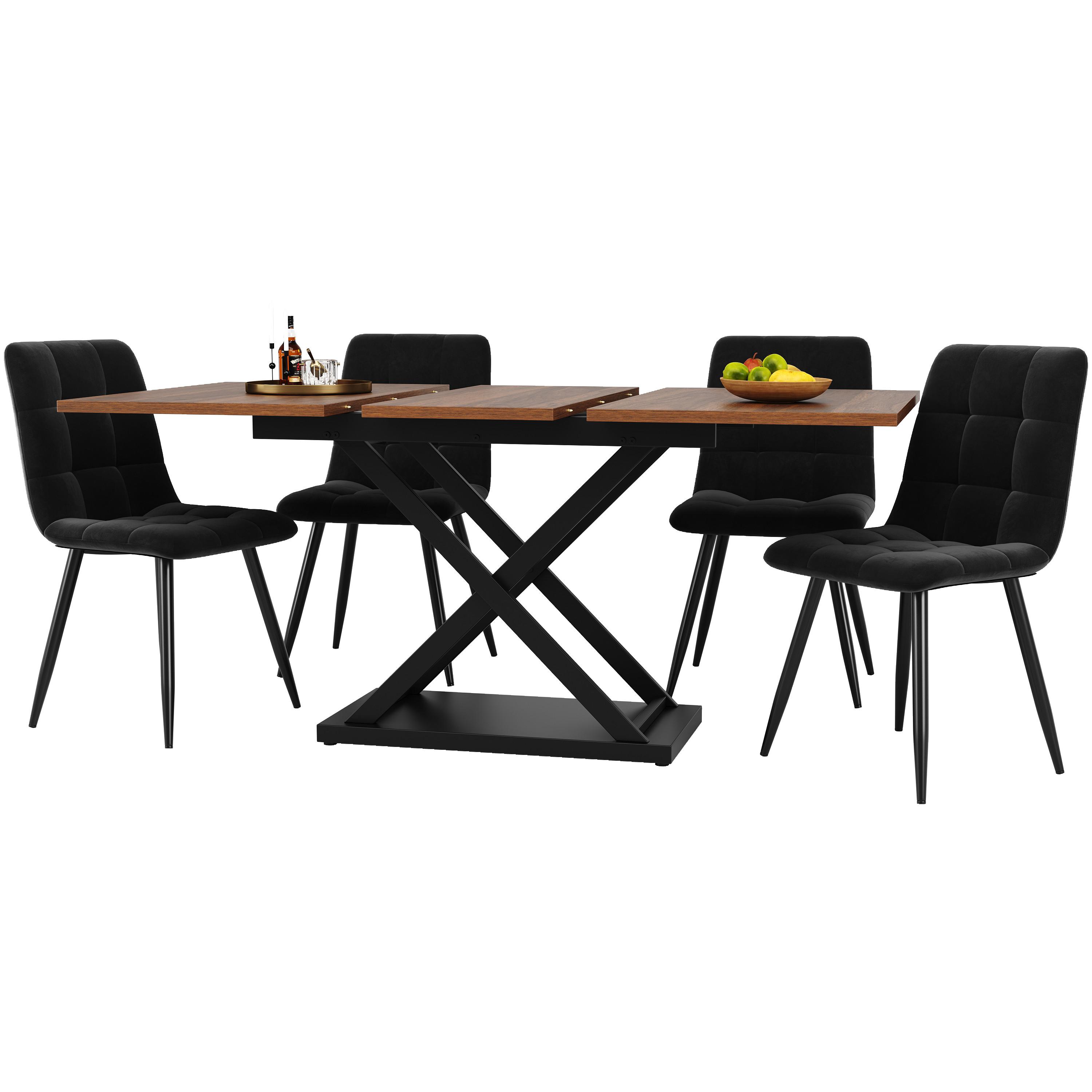ESSGRUPPE Ausziehbarer Esstisch 120-160cm Nussbaum & 4 Samtstühle Schwarz - Walnussfarben, Holzwerkstoff (160/75/80cm) - Urban Meuble
