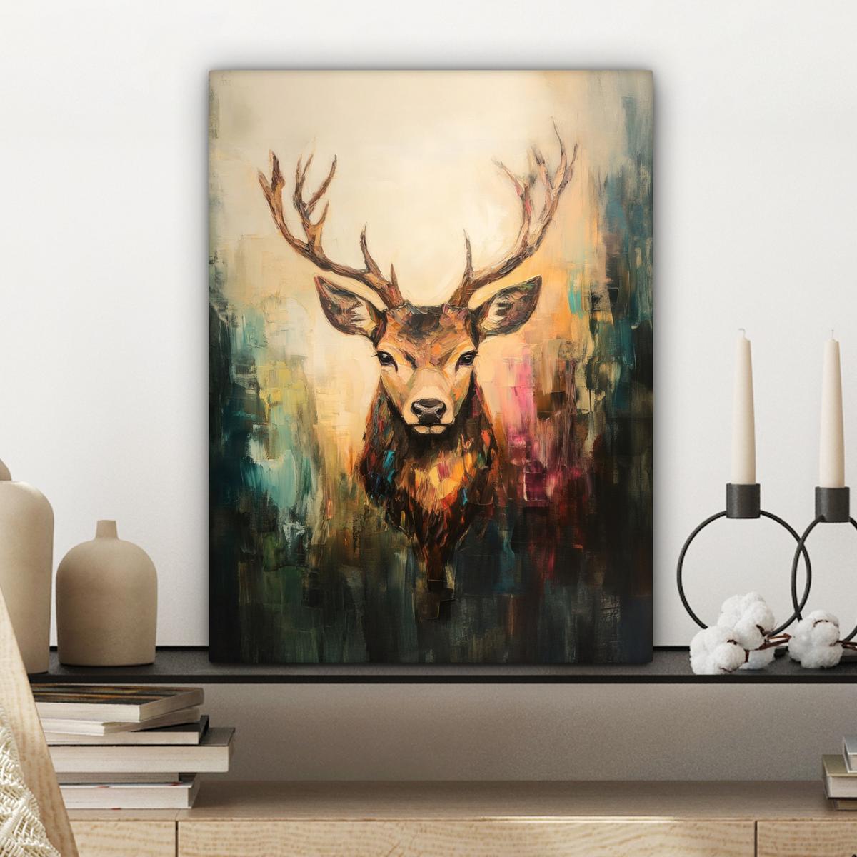 LEINWANDBILD Hirsch - Gemalt - Geweih - Braun Room Decor 30x40 cm - Haselnussfarben, Textil (30/40cm) - MuchoWow