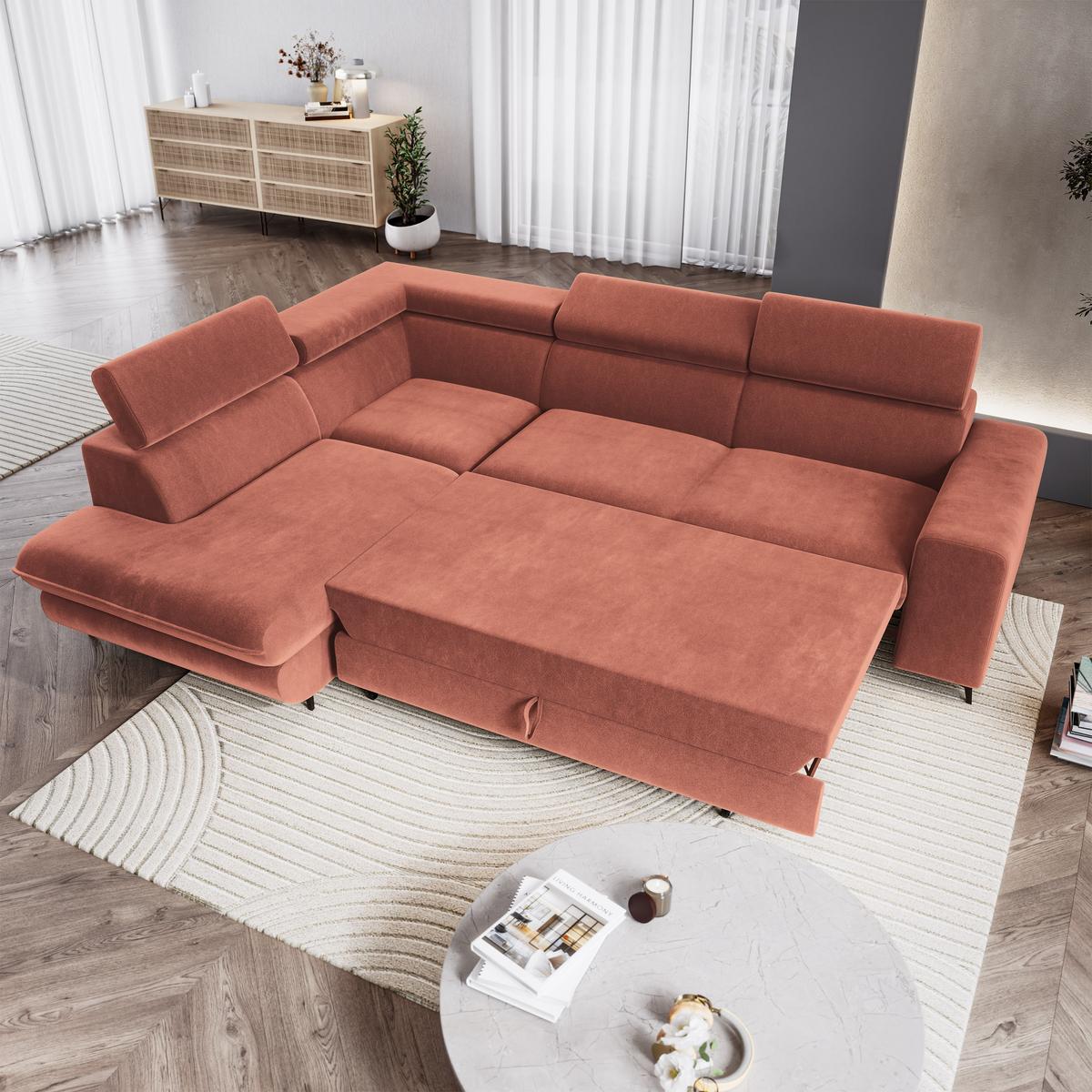 ECKSOFA VELISS Koralle Veloursstoff mit Schlaffunktion - Koralle, Holz (255/193cm) - MASSENO