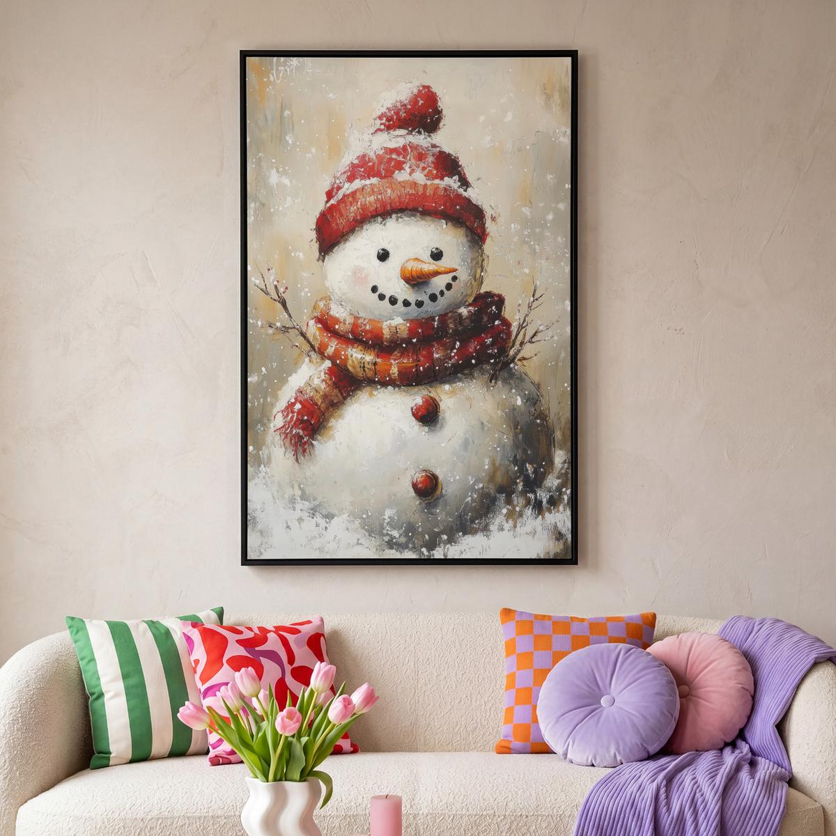 LEINWAND Bilder mit Rahmen - Schneemann - Winter - Schnee - Beige - 80x120 - Weiß, Textil (80/120cm) - MuchoWow