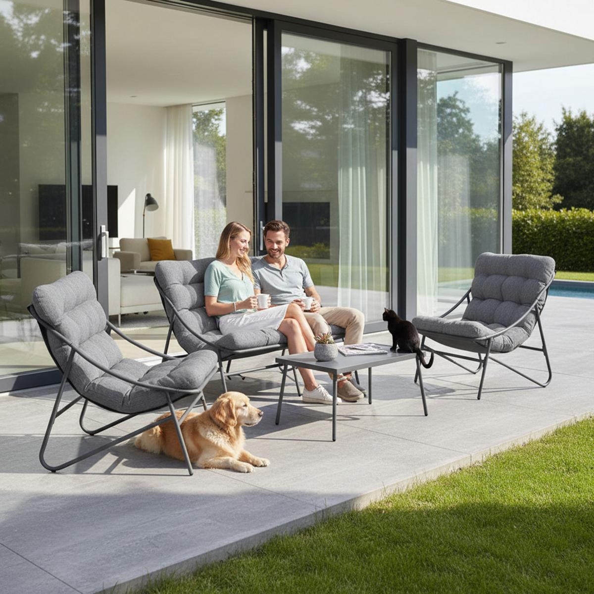 GARTENLOUNGE-SET VIBE 4-teilig mit Sofa, Sesseln und Tisch - Grau, Holzwerkstoff - RAUMHIRSCH FURNITURE