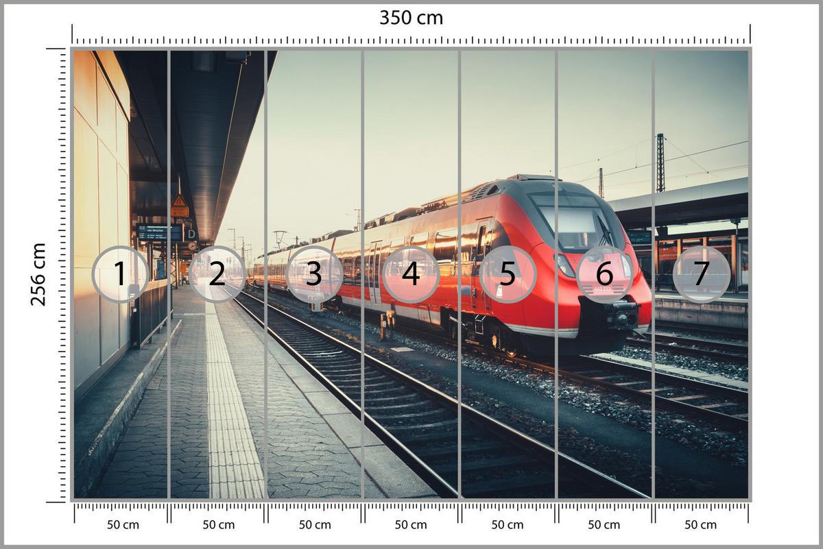 FOTOTAPETE für Wohnzimmer Moderner Roter Zug Bahnhof Geleise 350x256 - Rot/Braun, Papier (350/256cm) - Muralo