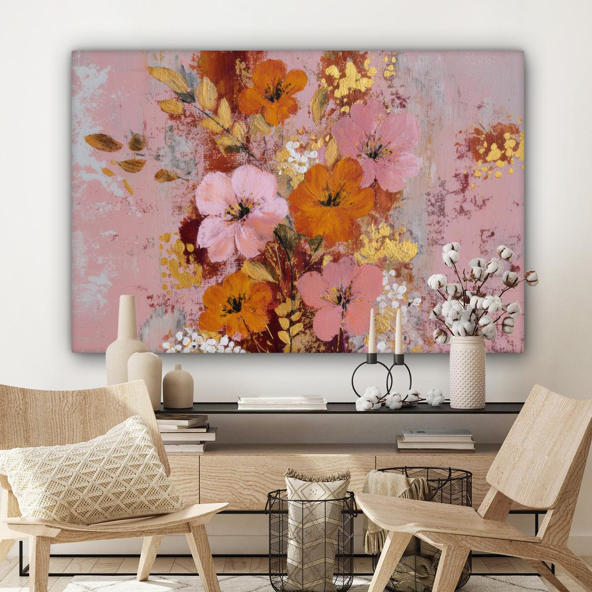 LEINWANDBILD Malerei - Blumen - Rustikal - Rosa Wohnzimmer Groß 120x80 cm - Altrosa, Textil (120/80cm) - MuchoWow
