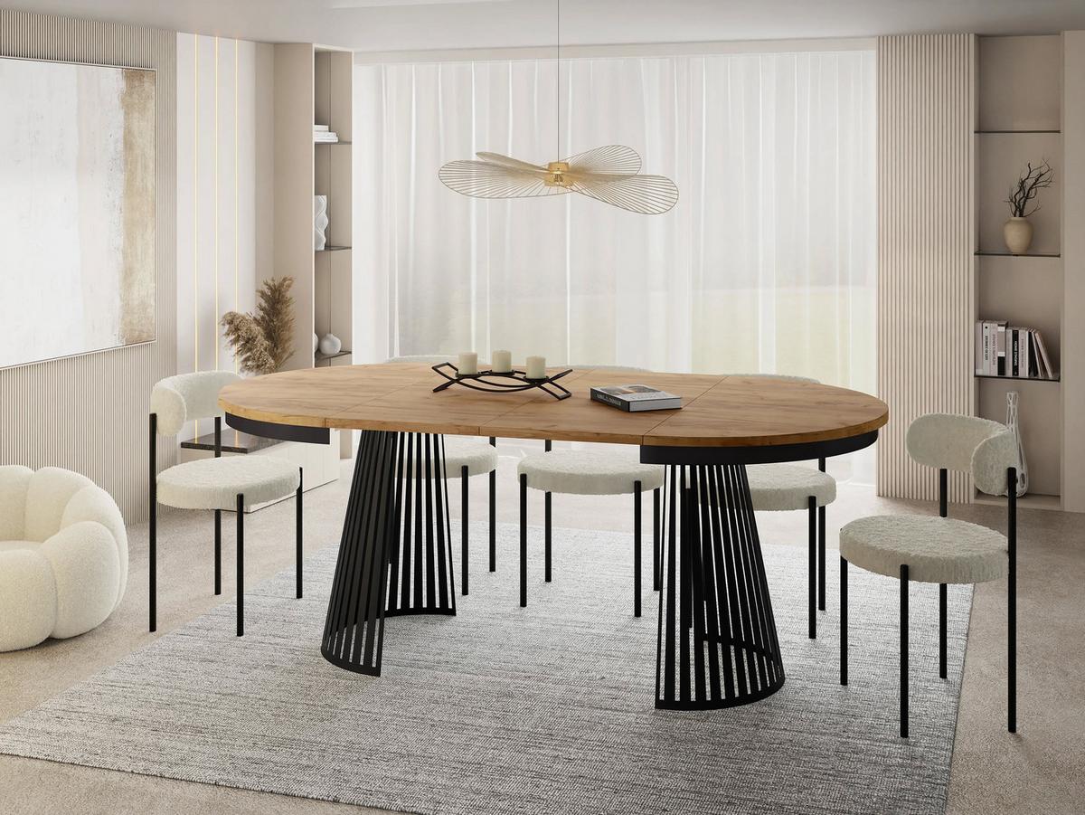 ESSTISCH Naro rund ausziehbar mit Schwarzem Lamellen-Metallgestell, Braun 100-180/100/76 cm - Eiche Wotan/Schwarz, Holzwerkstoff/Metall (100/176/76cm) - WFL GROUP