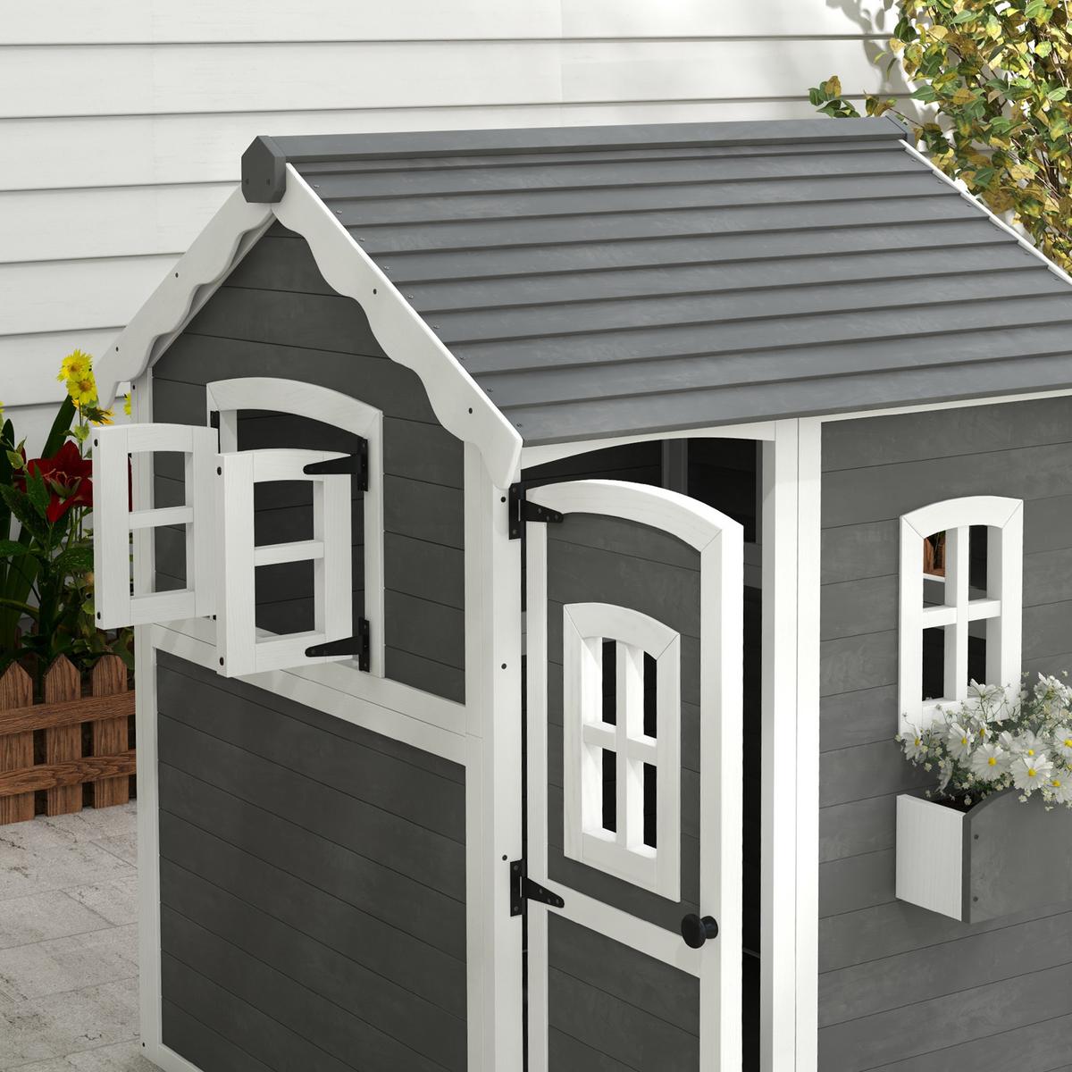 SPIELHAUS für Kinder, Indoor- und Outdoor-Haus mit Tür, Fenstern, Grau - Grau, Holz (104.5/137/110cm) - Outsunny