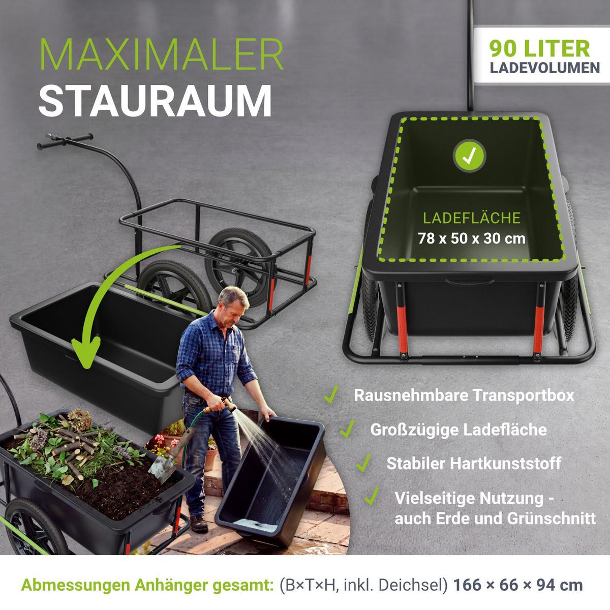 FAHRRADANHÄNGER 90 Liter - Schwarz, Kunststoff (66/94/166cm) - Juskys