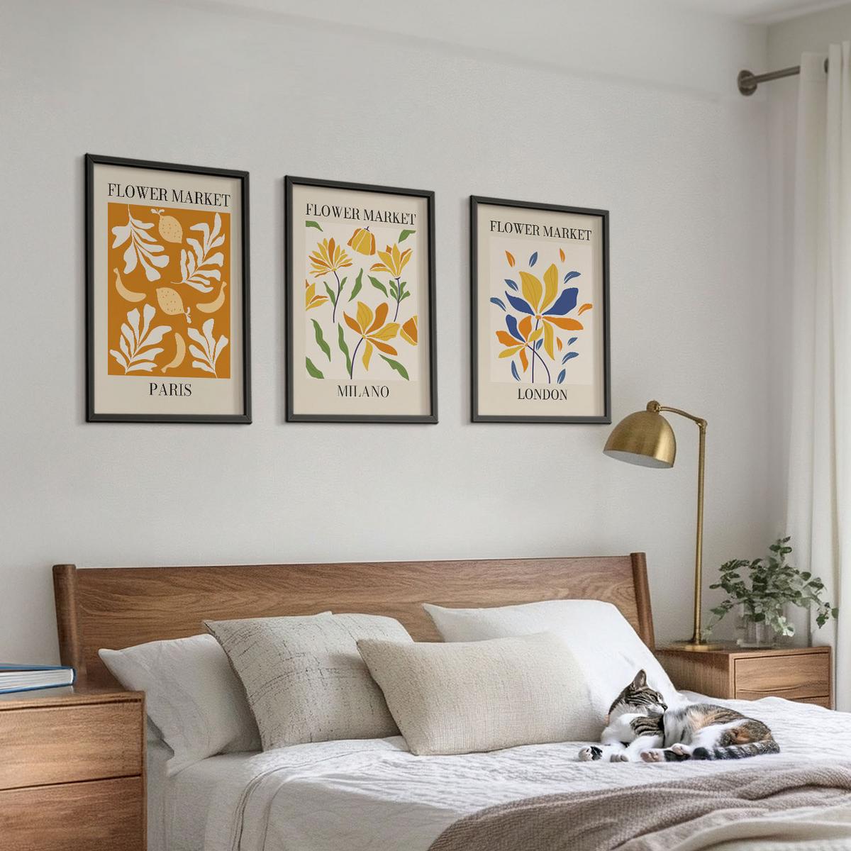 BILDER SET 3er Set - 40x60 cm Schwarzer Rahmen - Blumenposter Paris Mailand London - Schwarz, Kunststoff (40/60cm) - TULUP