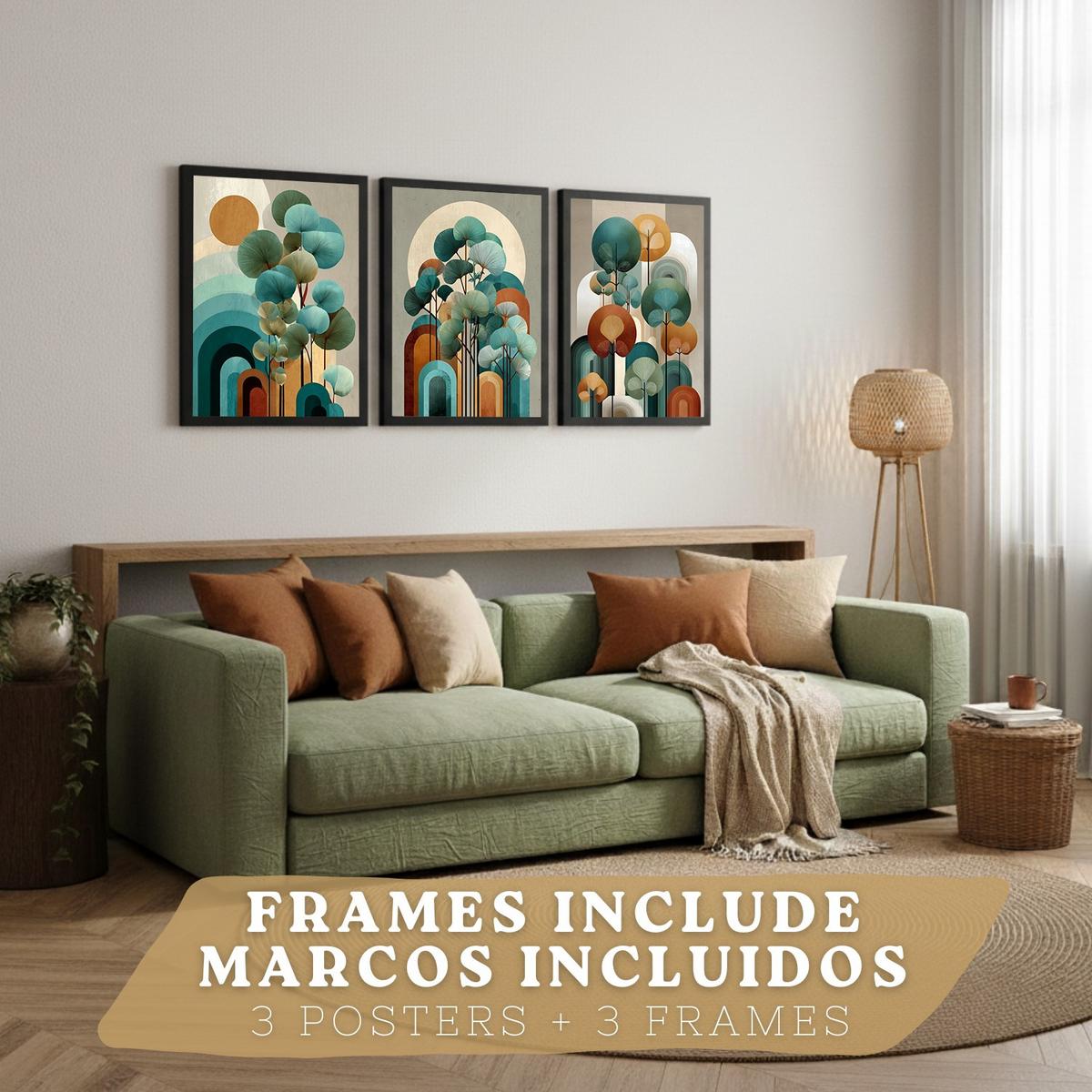 POSTER 3er Kunstdruck-Set Wandbilder Floral Abstrakt Blau Türkis modern Wohnzimmer Deko, Schlafzimmer, Küche, Badezimmer Schwarzer Rahmen A4 - Schwarz, Papier (29.7/1/21cm) - Nacnic