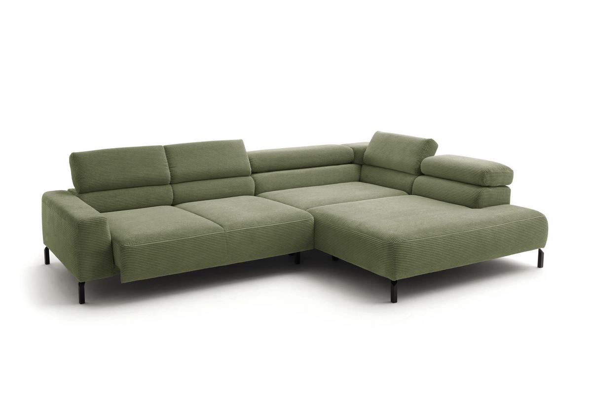 ECKSOFA MIT MOTORISCHEM SITZVORZUG DELIA Grün Cord Relaxfunktion - Schwarz/Olivgrün, Textil/Metall (312/219cm) - KAWOLA