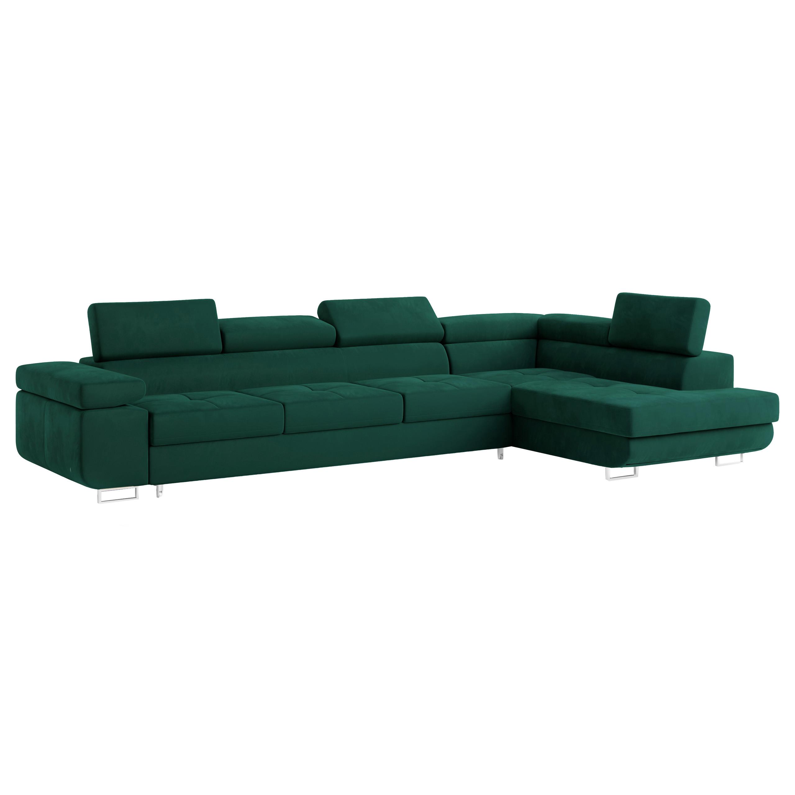 ECKSOFA VICENTE Grün Velours-Stoff mit Schlaffunktion - Grün, Holz (346/202cm) - MASSENO