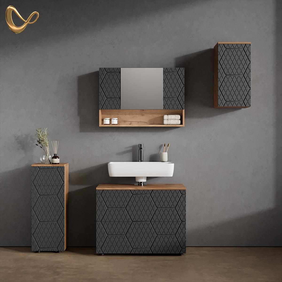 BADMÖBEL-SET Ronco Anthrazit mit Wabenstruktur 4 Teile - Anthrazit, Holzwerkstoff (80/58/41cm) - Livinity®