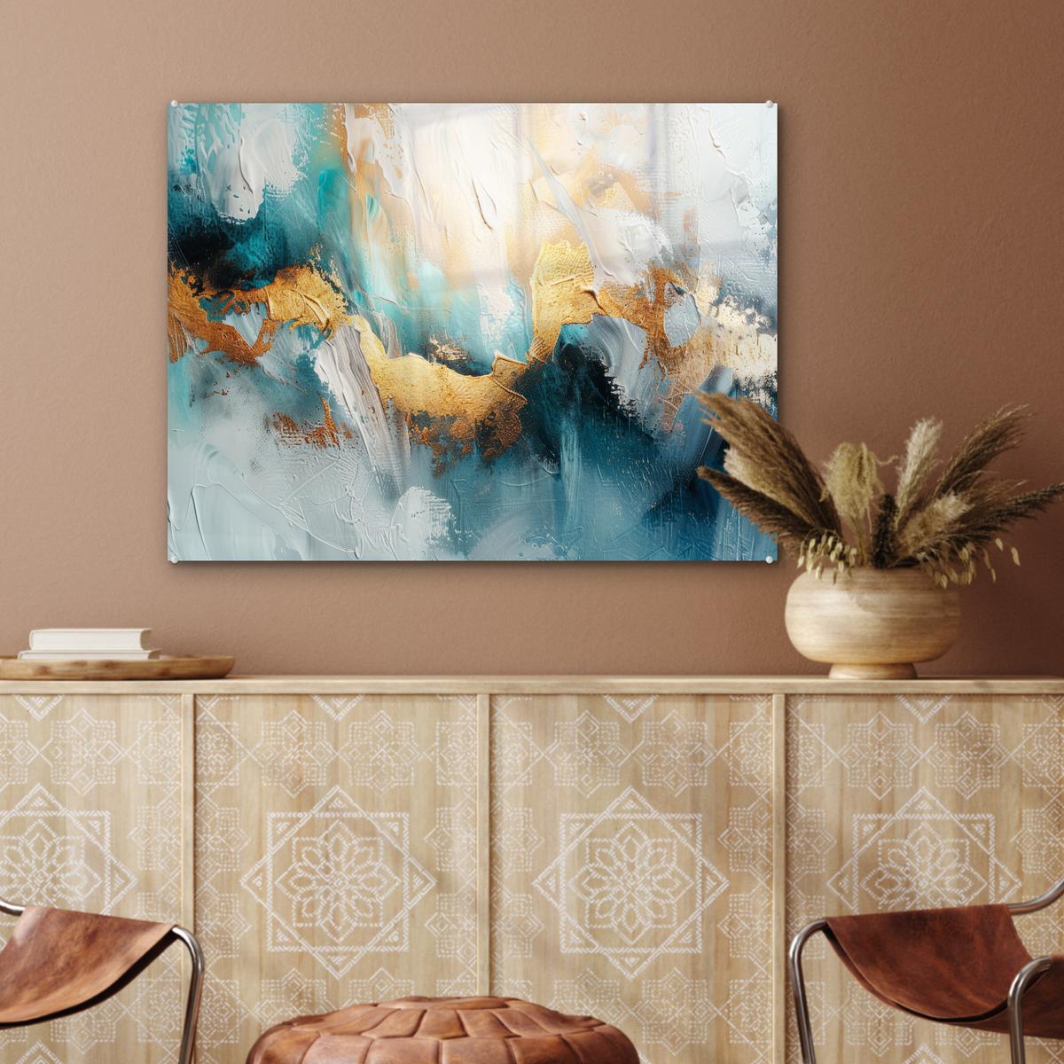 ACRYLGLASBILD Abstrakt - Kunst - Gold - Blau 80x60 cm - Petrol, Glas (80/60cm) - MuchoWow