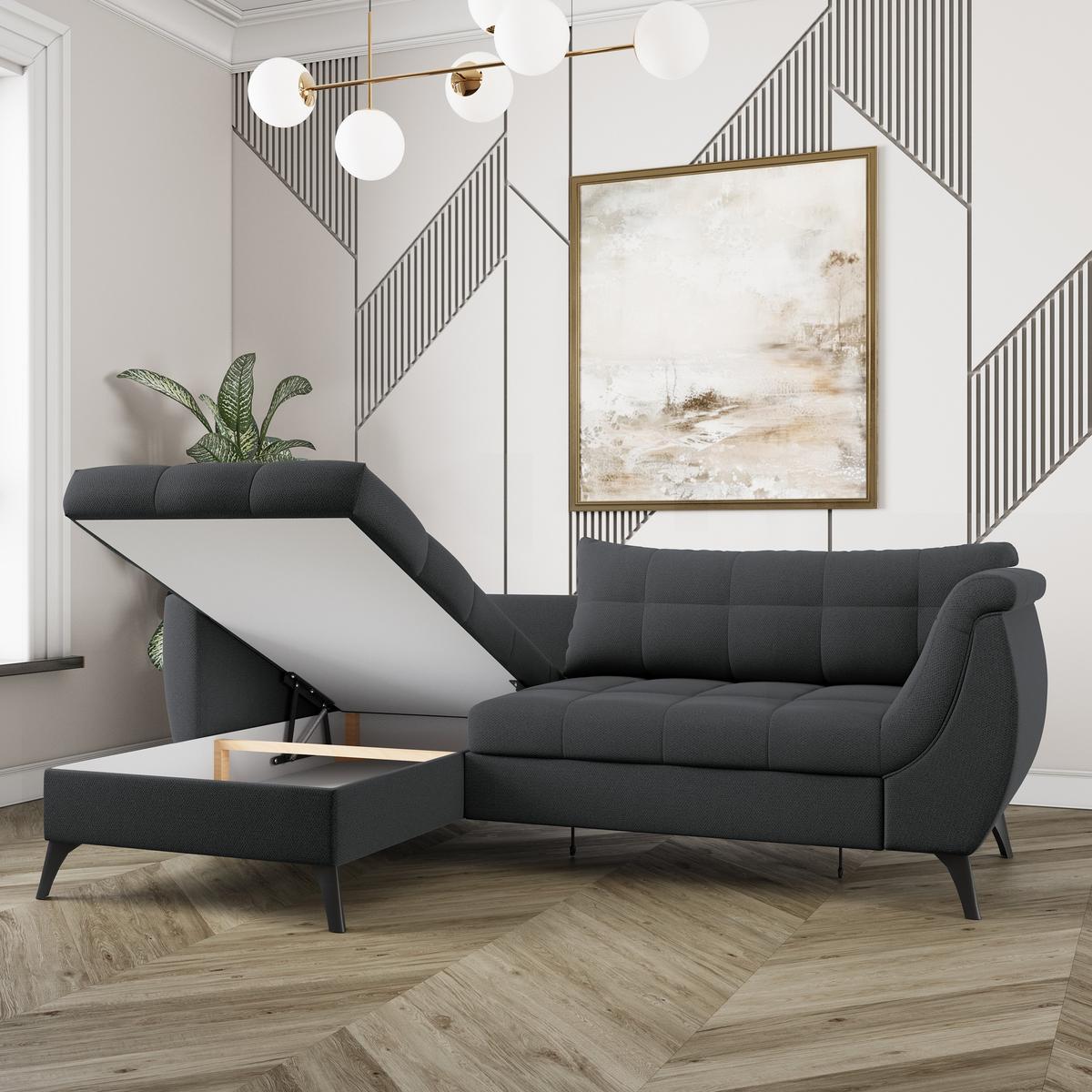ECKSOFA MOLLIS Graphitfarben Geflochtener-Stoff mit Schlaffunktion - Graphitfarben, Holz (241/154cm) - MASSENO