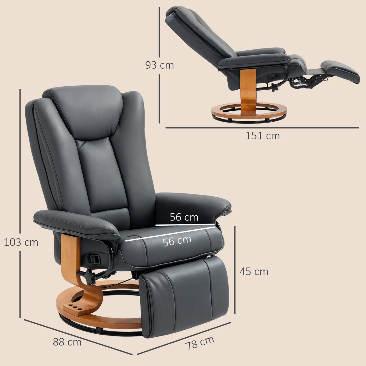RELAXSESSEL, drehbarer TV-Sessel, Liegefunktion, Fußstütze Lederoptik Dunkelgrau - Dunkelgrau, Leder/Holzwerkstoff (88/103/78cm) - HOMCOM