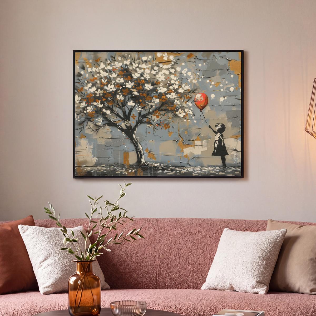 LEINWAND Bilder mit Rahmen - Baum - Graffiti - Banksy-Stil - Ballon-Mädchen - 70x50 - Blaugrau, Textil (70/50cm) - MuchoWow