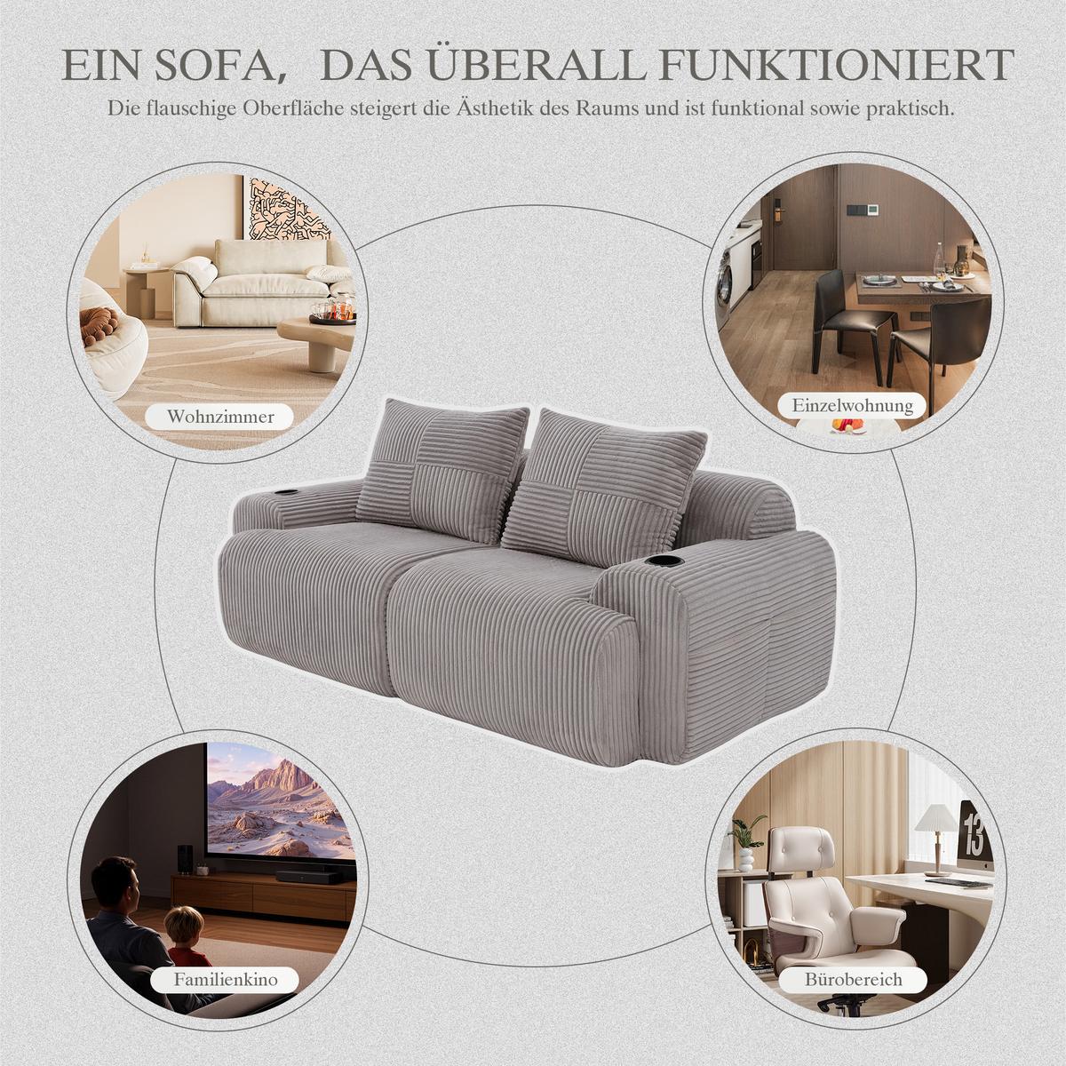 2-SITZER SOFA Modulares Mit Getränkehalter & Stauraum - Hellgrau, Textil (200/80/99cm) - Urban Meuble