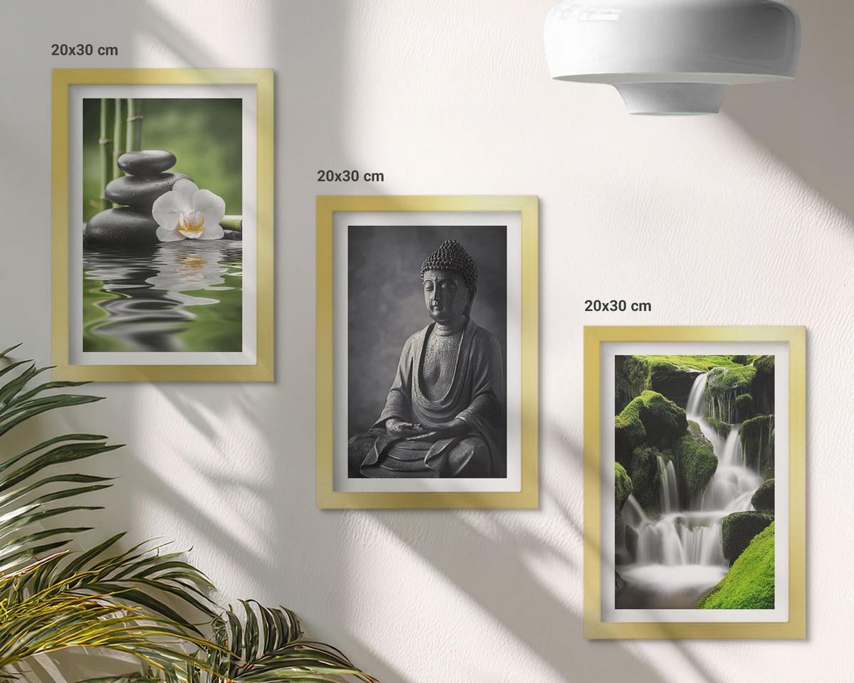 BILDER SET 3er Set - 20x30 cm Goldrahmen - Entspannende Zen-Wassermalerei - Goldfarben, Kunststoff (20/30cm) - TULUP