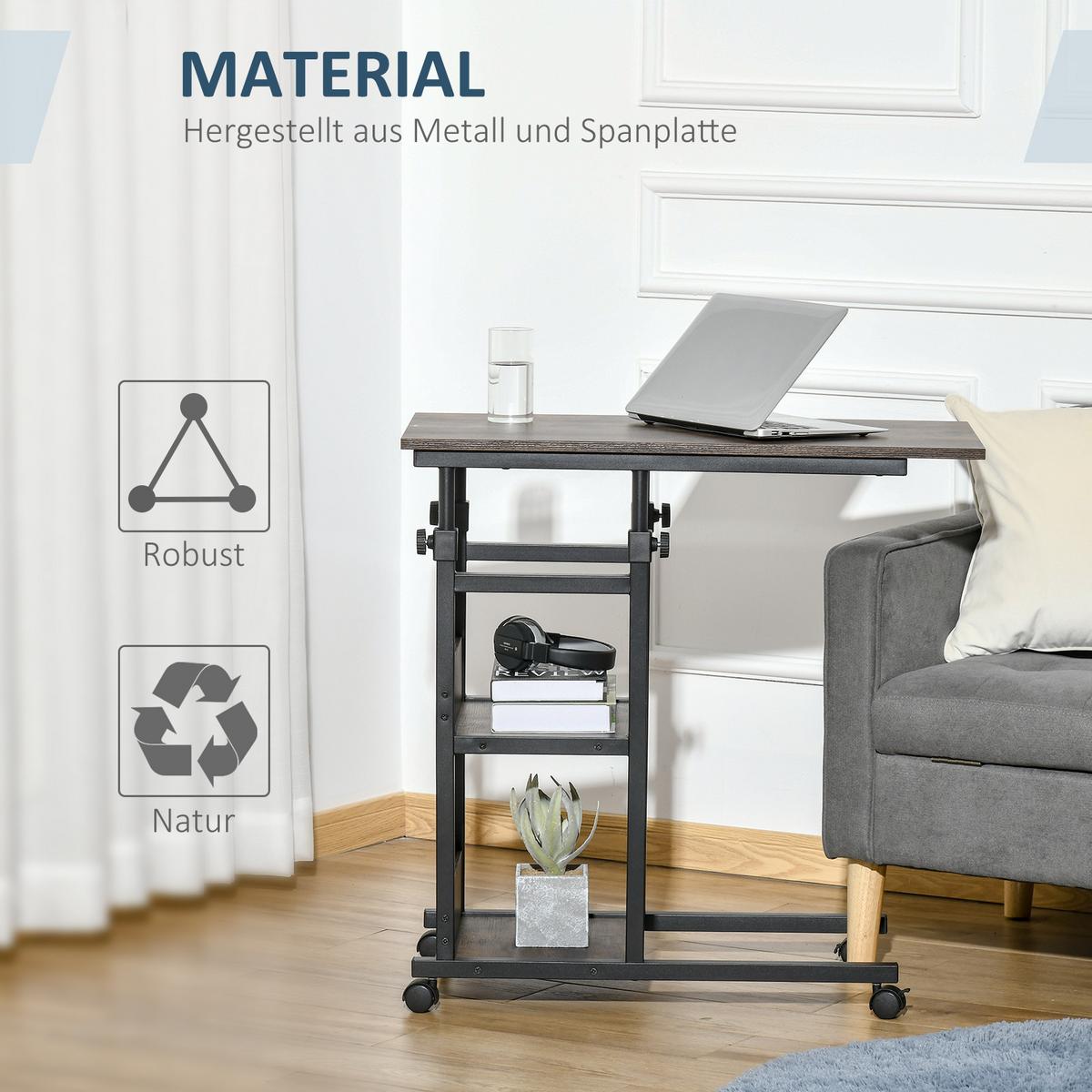BEISTELLTISCH Couchtisch mit Rollen höhenverstellbar 2 untere Regale Esszimmer - Braun, Kunststoff (80/40/82cm) - HOMCOM