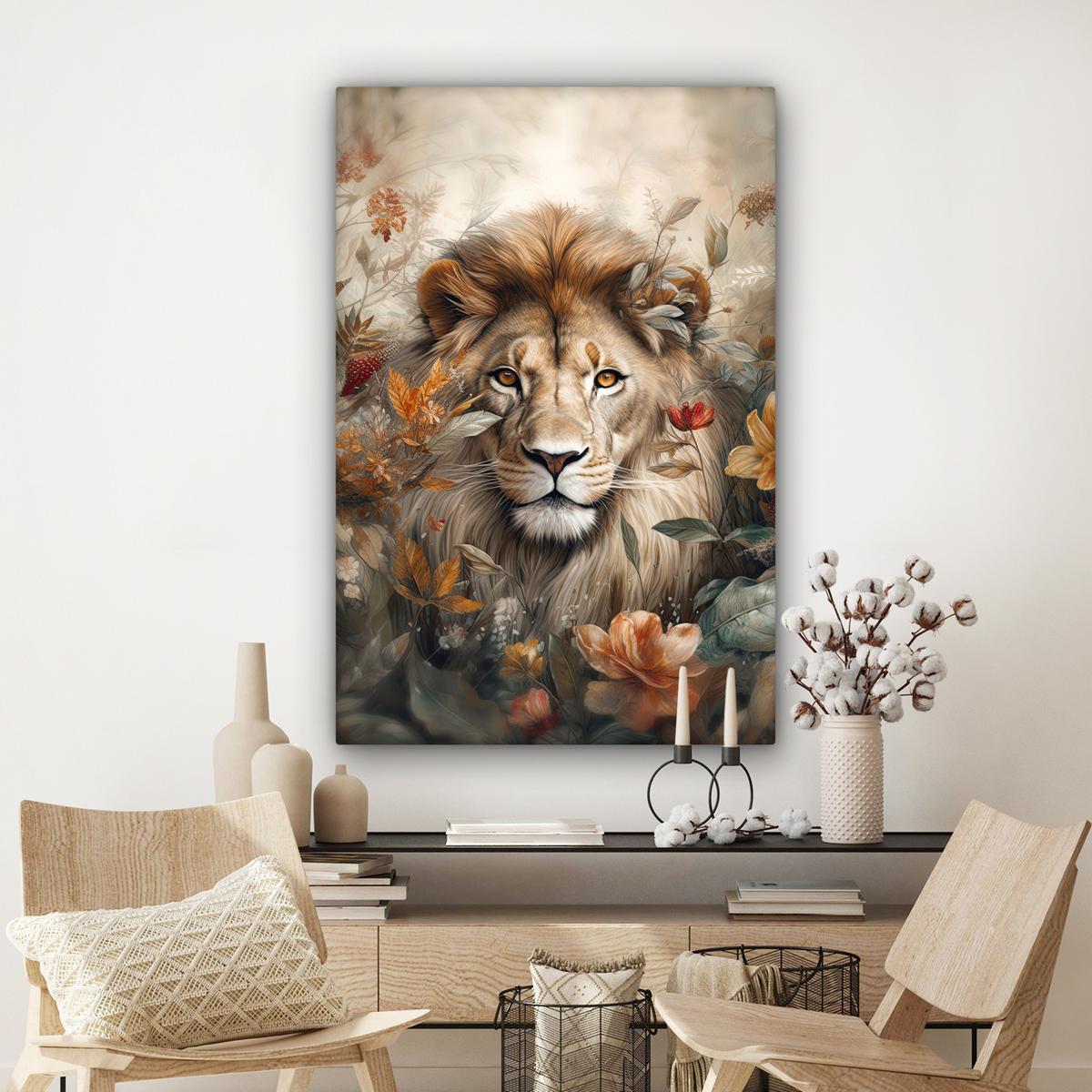LEINWANDBILD Löwe - Wildtiere - Pflanzen - Natur - Blumen Deko XXL 80x120 cm - Beige, Textil (80/120cm) - MuchoWow