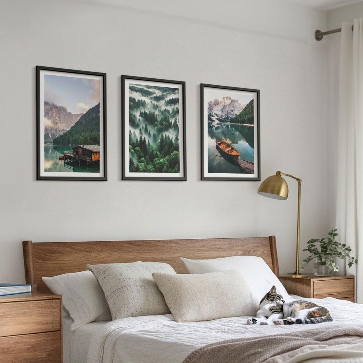 BILDER SET 3er Set - 40x60 cm Schwarzer Rahmen - Bergsee, Boot, Waldnebel - Schwarz, Kunststoff (40/60cm) - TULUP
