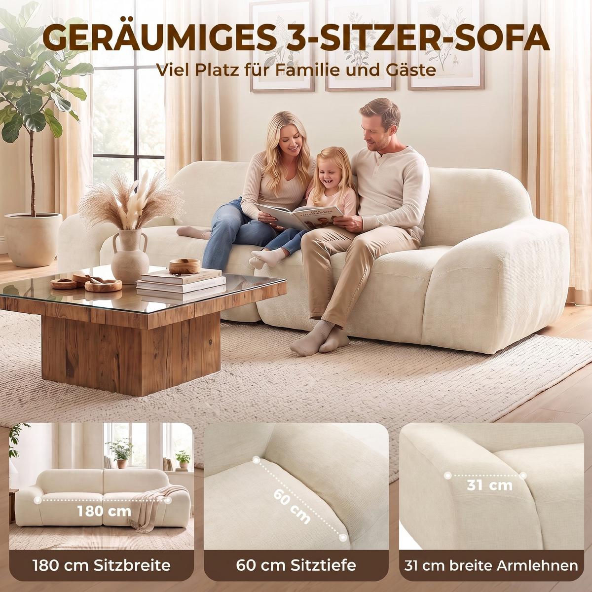 3-SITZER-SOFA Chenille 100 Polyester Schaumstoff Cremeweiß - Creme, Textil (95/70/244cm) - HOMCOM