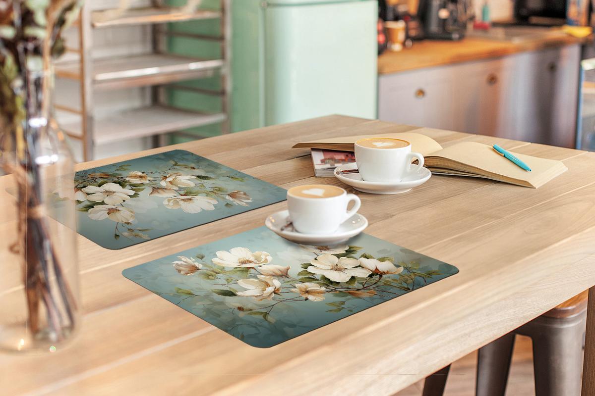 PLATZSETS 6er-Set Blumen - Weiß - Natur - Vintage Tischunterlage 45x30 cm - Magnolie, Kunststoff (0.3/45/30cm) - MuchoWow