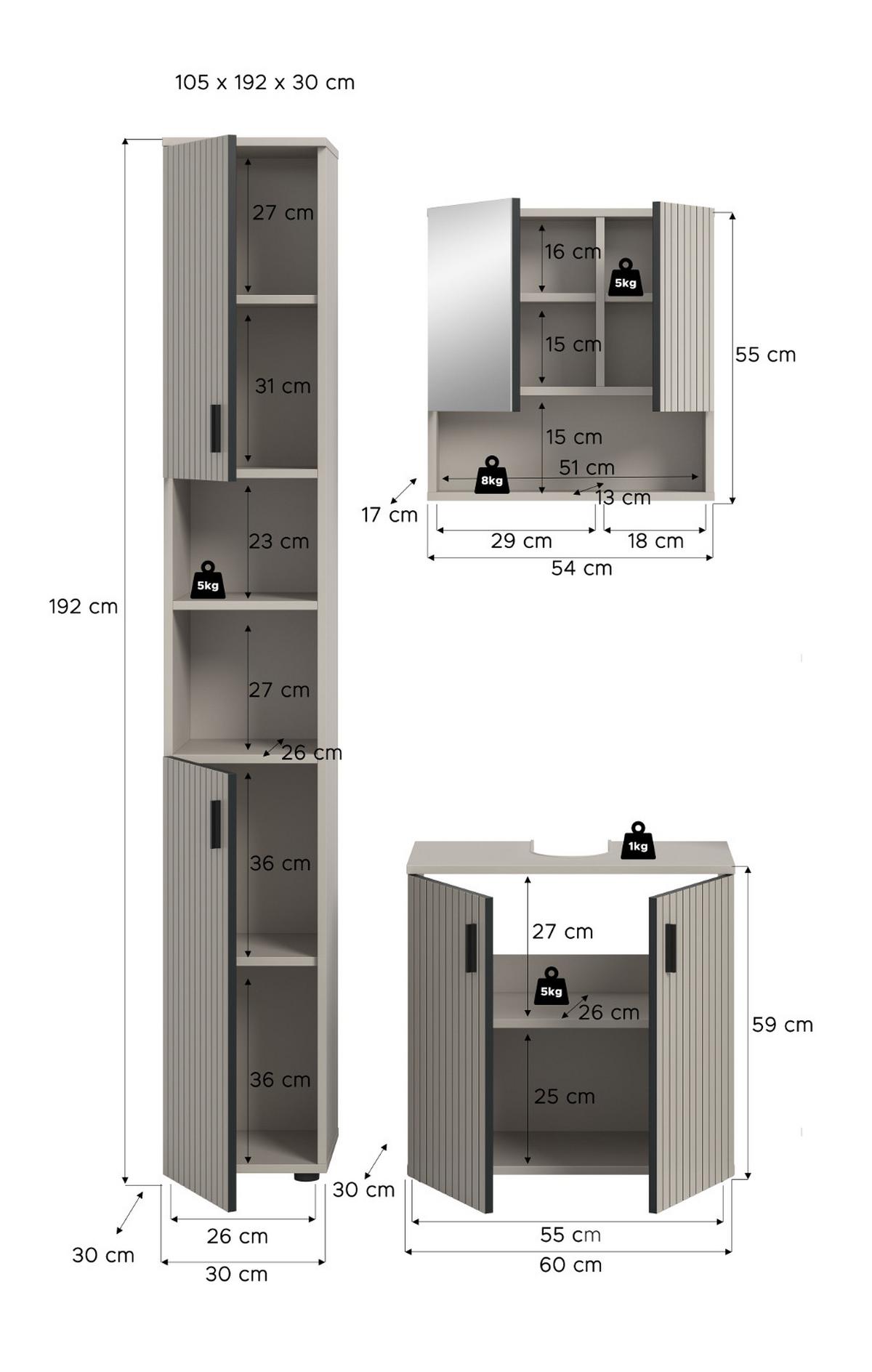 BADMÖBEL-SET Kaschmir 3-teilig 105 cm, Komplettset in modernem Design - Kaschmir/Schwarz, Glas/Holzwerkstoff (105/192/30cm) - Inn.Furn