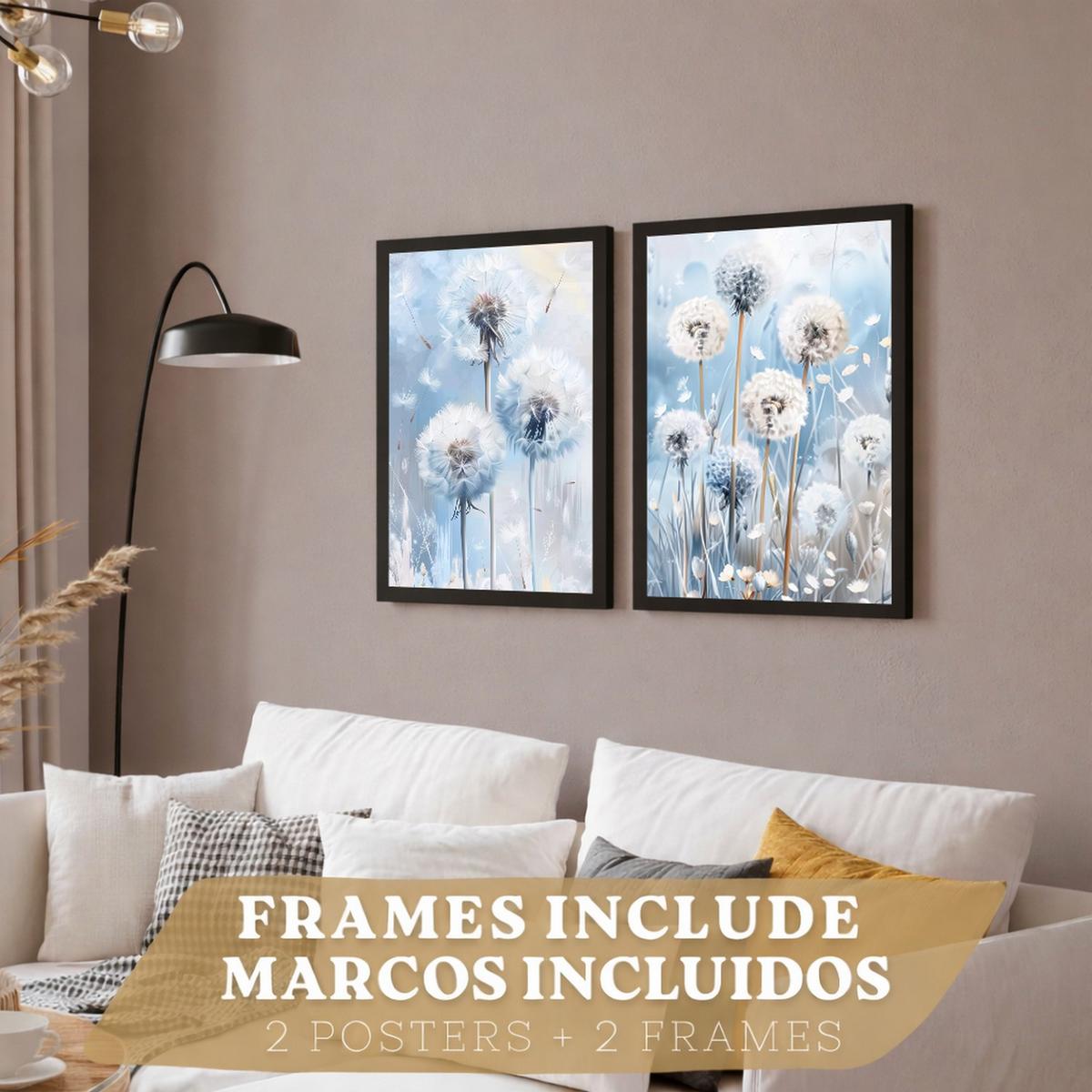 POSTER 2er Kunstdruck-Set Wandbilder Blumen Blau modern Wohnzimmer Deko, Schlafzimmer, Küche, Badezimmer Schwarzer Rahmen A3 - Schwarz, Papier (29.7/1/42cm) - Nacnic