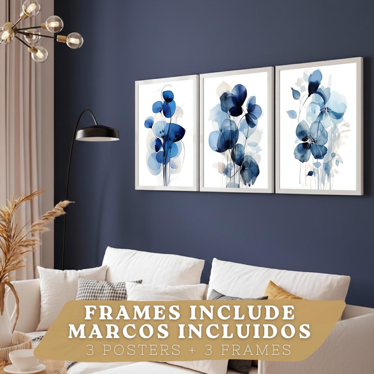 POSTER 3er-Set Wandbilder Blumen Blau modern Wohnzimmer Deko, Schlafzimmer, Küche, Badezimmer Weißer Rahmen A4 - Weiß, Papier (29.7/1/21cm) - Nacnic