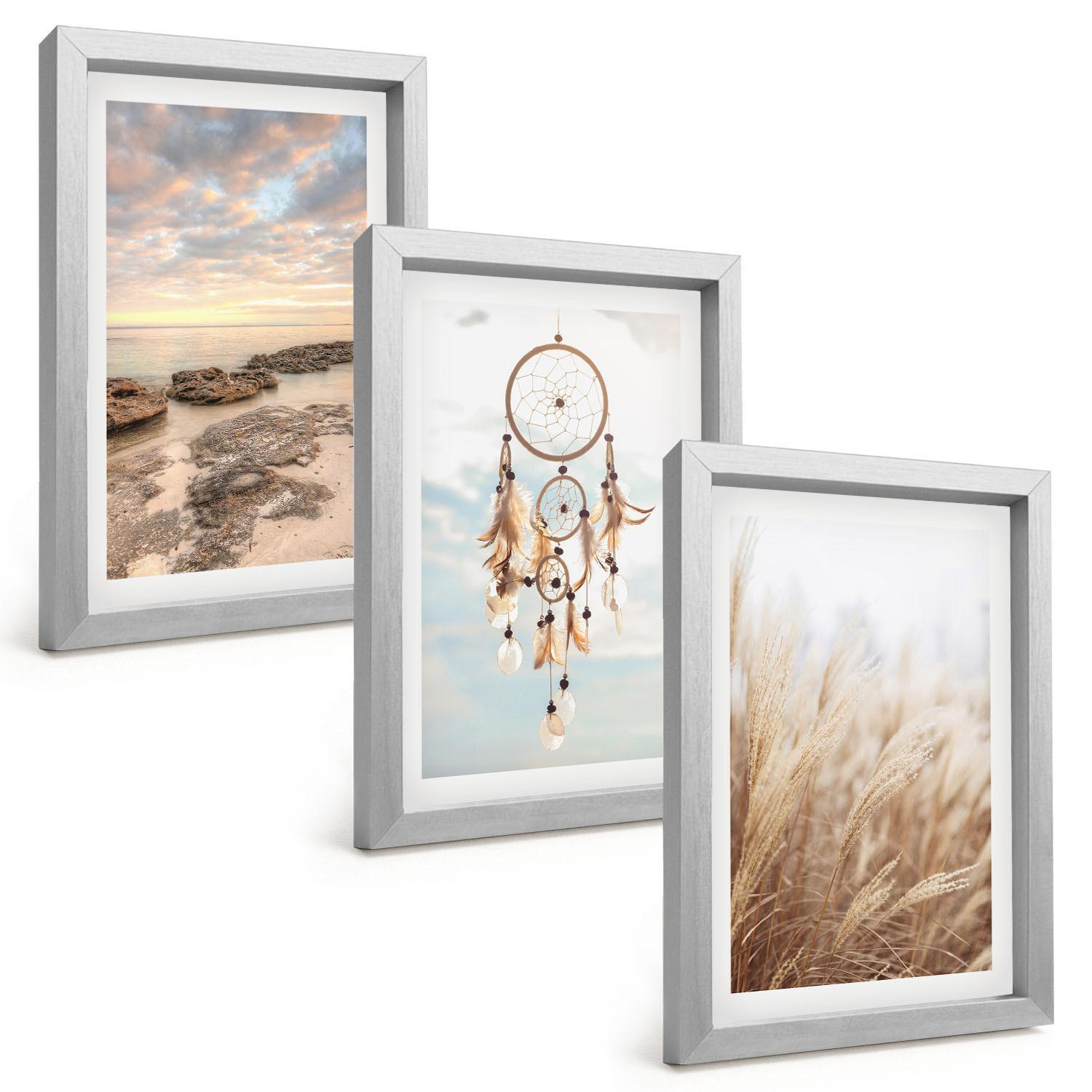 BILDER SET 3er Set - 20x30 cm Silberner Rahmen - Wolkenmeer, Traumfänger, Gras - Silberfarben, Kunststoff (20/30cm) - TULUP