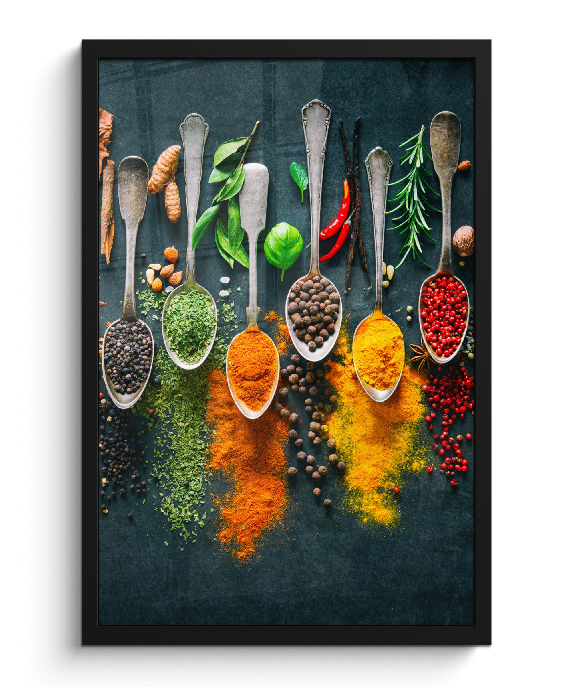 POSTER MIT RAHMENGERAHMTES BILD Kräuter - Gewürze - Löffel Bilder mit Rahmen 40x60 cm - Currygelb, Papier (40/60cm) - MuchoWow