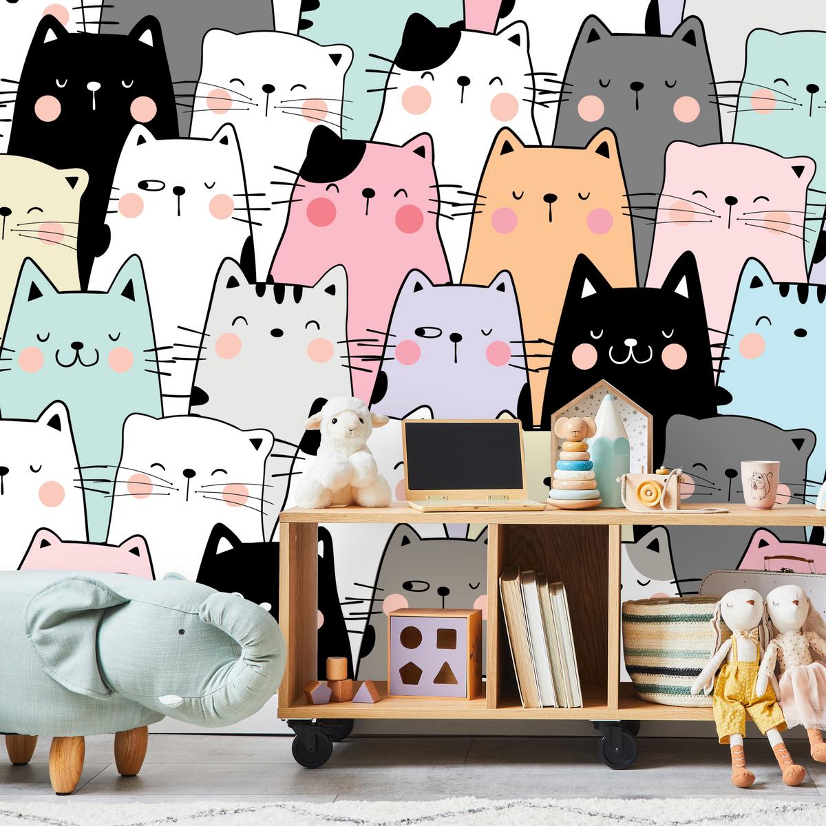 FOTOTAPETE für Kinderzimmer Bunte Katzen Cartoon Abstraktion 300x210 - Blau/Gelb, Papier (300/210cm) - Muralo