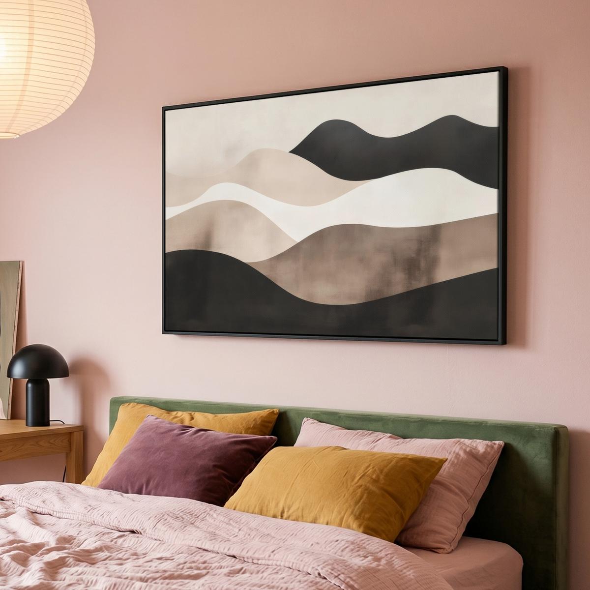 LEINWAND Bilder mit Rahmen - Abstrakt - Landschaft - Wellen - Cremefarben - 140x90 - Cappuccino, Textil (140/90cm) - MuchoWow