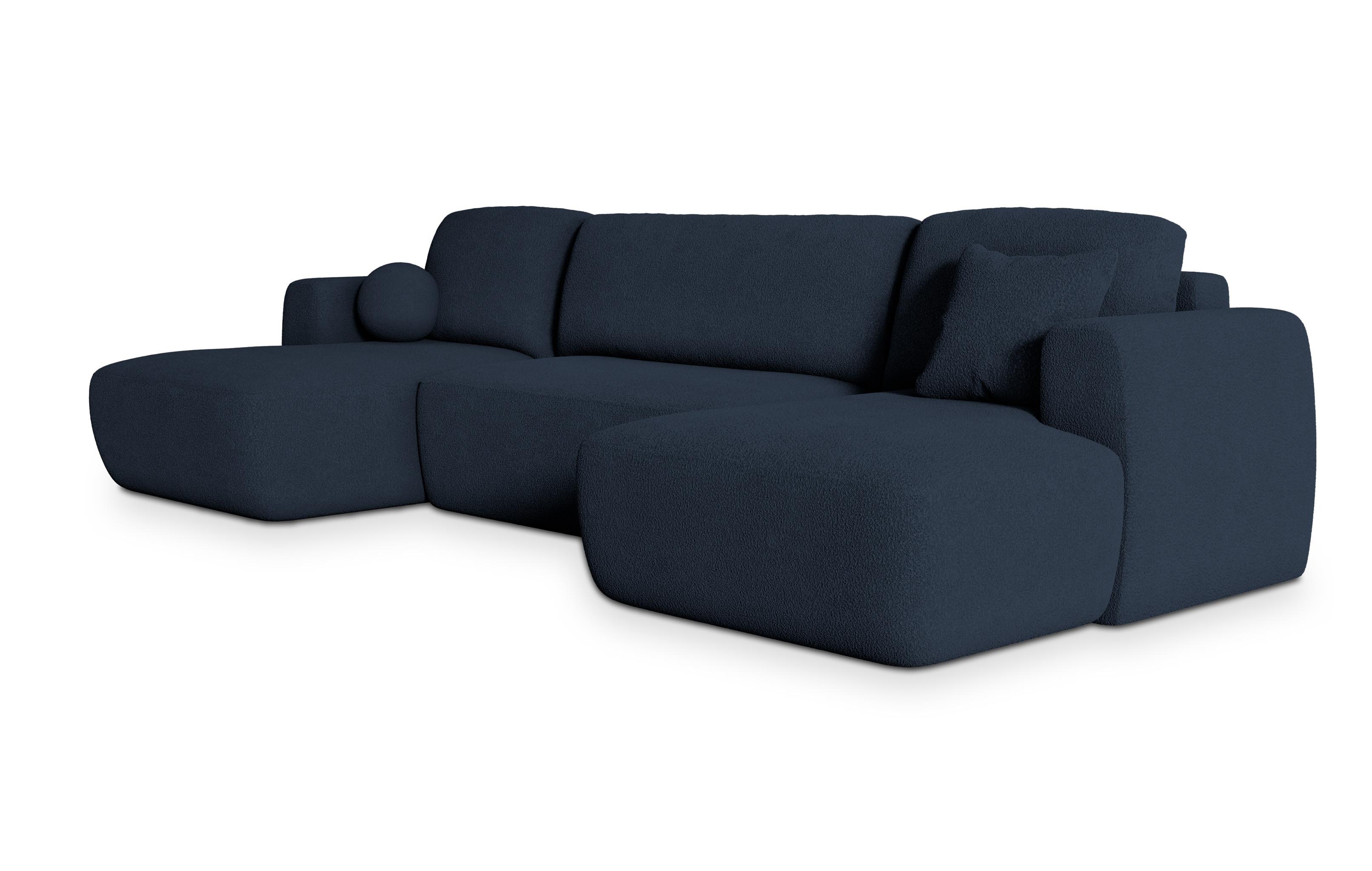 WOHNLANDSCHAFT SENTUM N Blau Boucle-Stoff mit Schlaffunktion - Blau/Schwarz, Holz/Kunststoff (330/90/148cm) - MASSENO