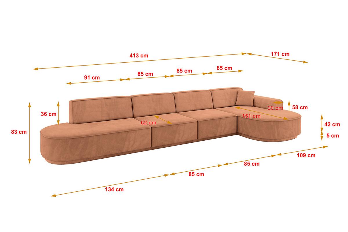 ECKSOFA Ottomane Rechts MARI-L3-v3 - 413x171x83 cm Orange Velours - Schwarz/Orange, Holzwerkstoff/Kunststoff (171/413cm) - ALTDECOR