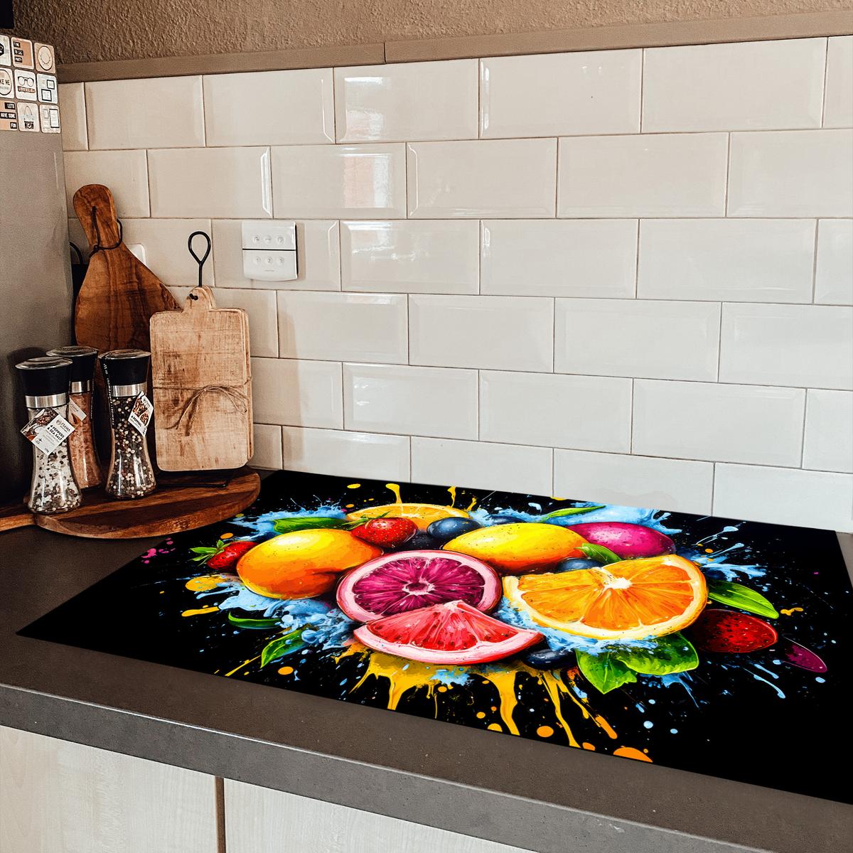 HERDABDECKPLATTE Obst - Graffiti - Bunt - Orange - Erdbeere - Abstrakt Ceranfeldabdeckung 85x52 cm - Orange, Kunststoff (85/52/0.2cm) - MuchoWow