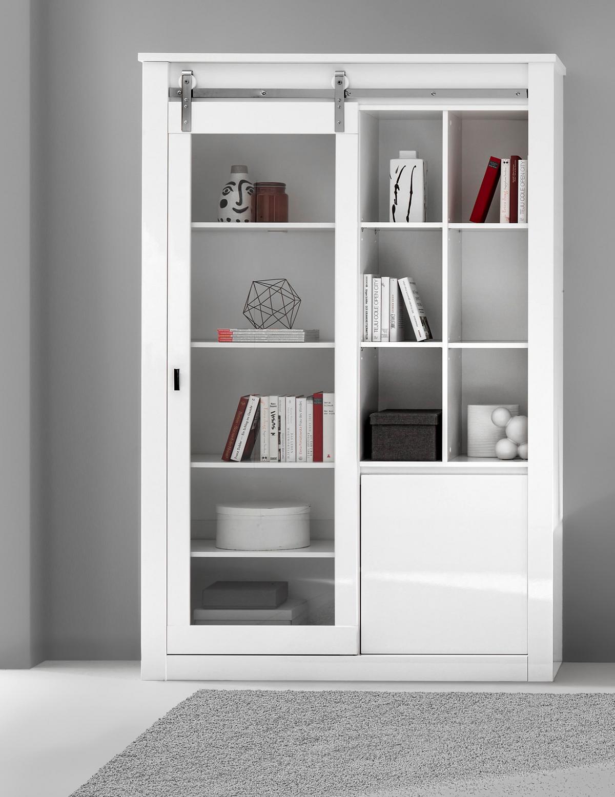 VITRINE weiß Hochglanz 133 x 201 cm, Vitrinenschrank inklusive LED-Beleuchtung, Soft-Close - Chromfarben/Weiß Hochglanz, Glas/Holzwerkstoff (133/153/38cm) - Furn.Design