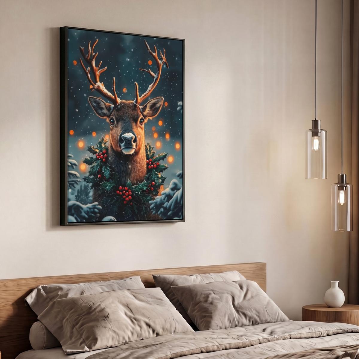 LEINWAND Bilder mit Rahmen - Hirsch - Weihnachten - Winter - Schnee - Weihnachtskranz - 70x100 - Dunkelbraun, Textil (70/100cm) - MuchoWow