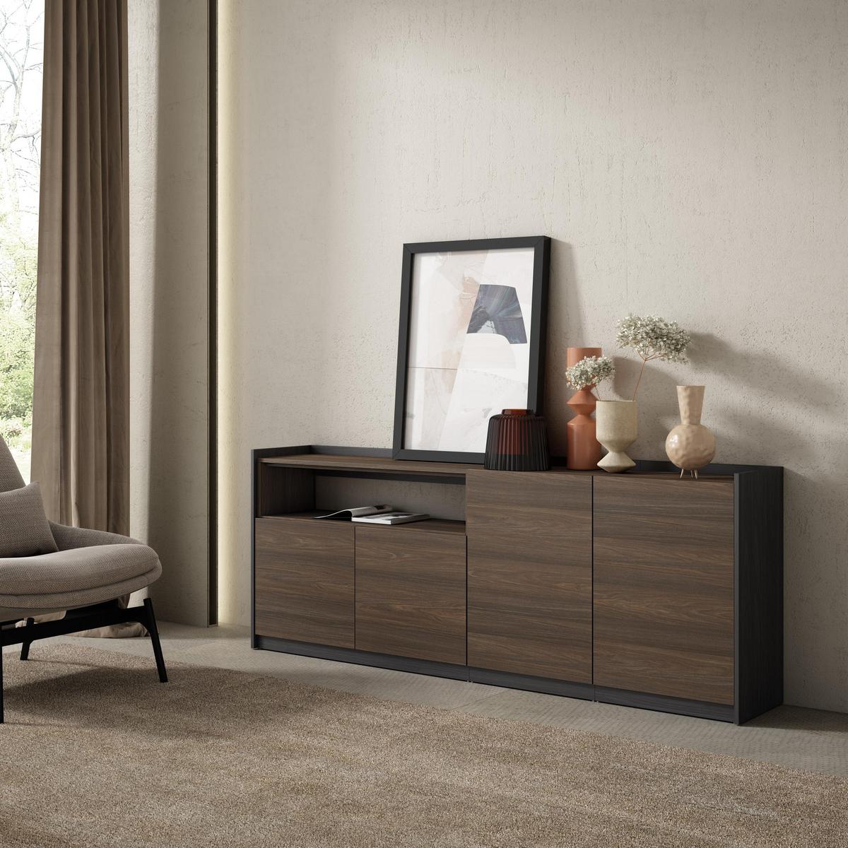 SIDEBOARD, Highboard, Dunkler Eiche und Schwarz, 207/37/80cm - Hellbraun, Holzwerkstoff (207/80/37cm) - Skraut Home