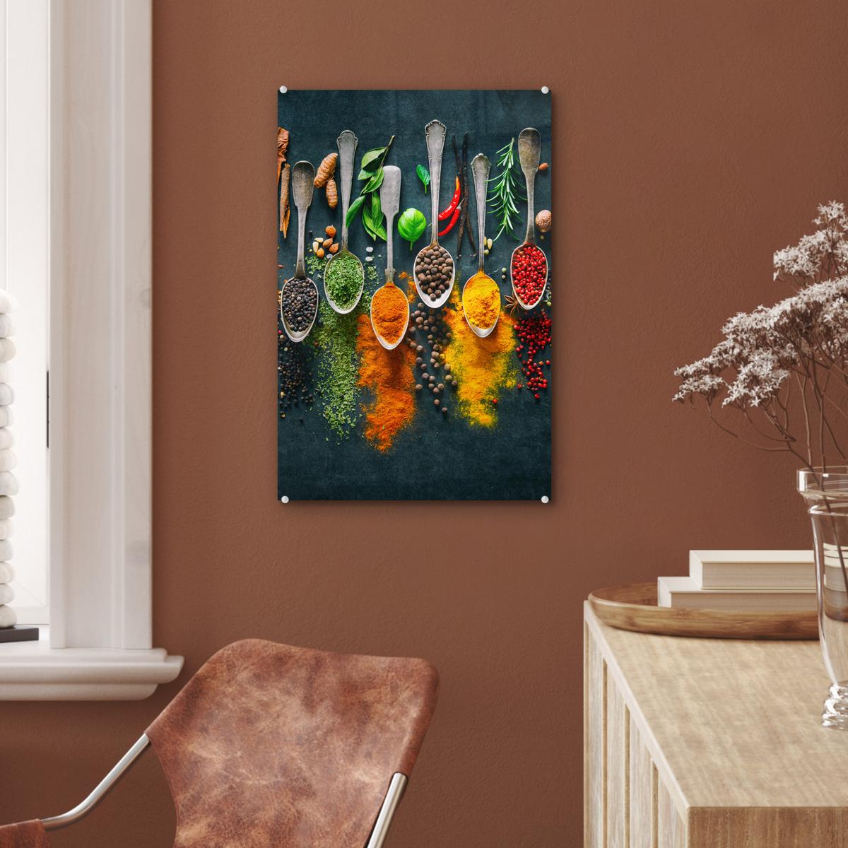 ACRYLGLASBILD Kräuter - Gewürze - Löffel Wanddeko Wohnzimmer 40x60 cm - Currygelb, Glas (40/60cm) - MuchoWow