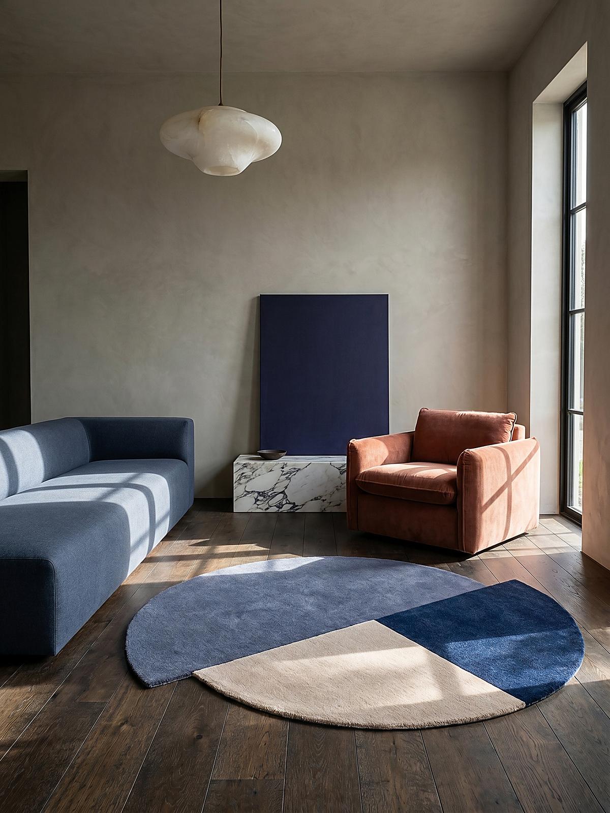 WOLLTEPPICH HALLEIN, geometrisch, Blau-Beige, Ø 150 cm - Blau, Textil (150/150cm) - KADIMA DESIGN