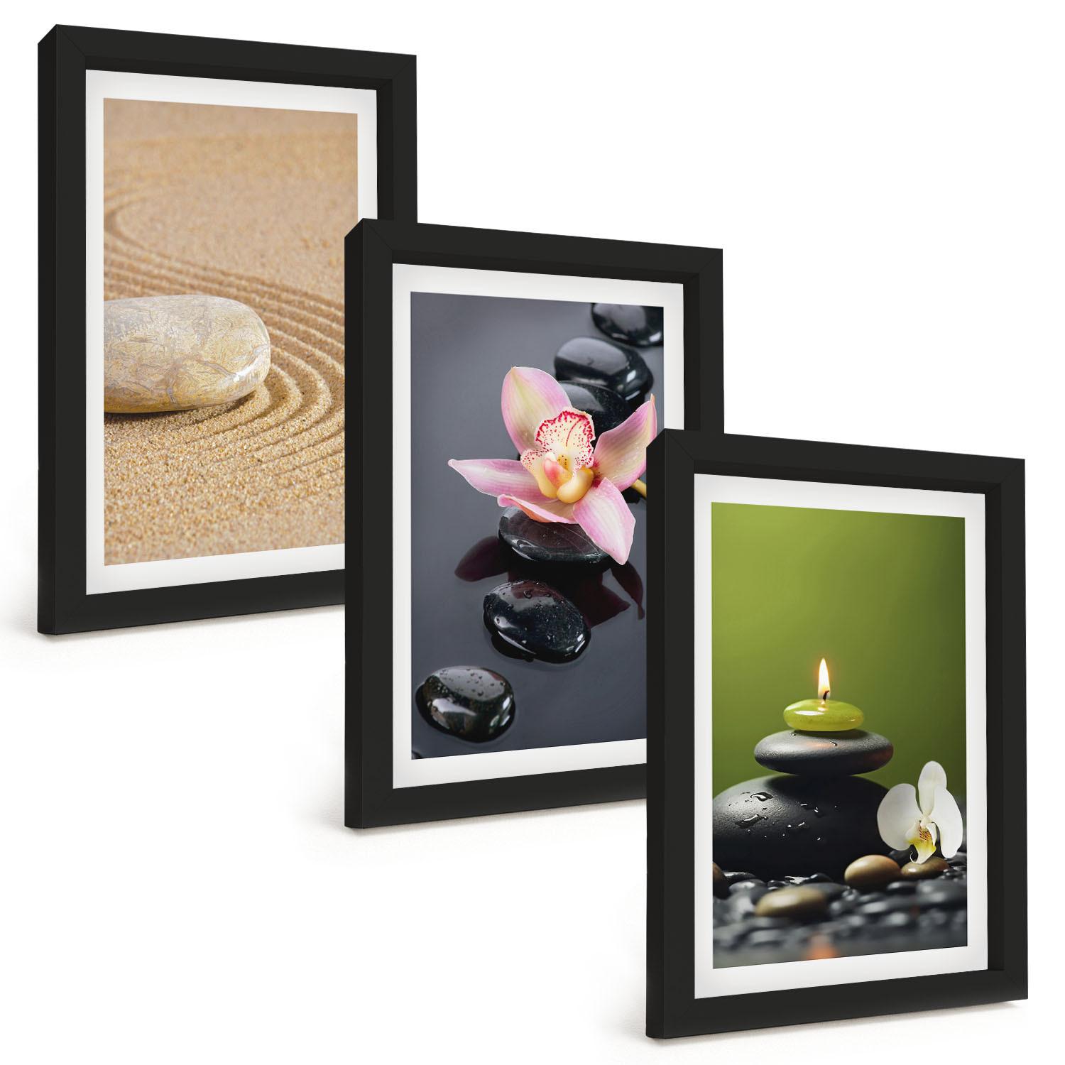 BILDER SET 3er Set - 20x30 cm Schwarzer Rahmen - Entspannende Zen-Steinmotive - Schwarz, Kunststoff (20/30cm) - TULUP