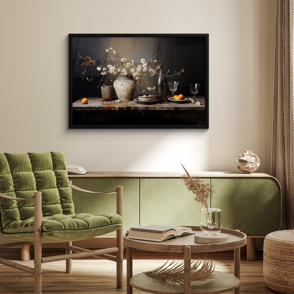 POSTER MIT RAHMENGERAHMTES BILD Stilleben - Blumen - Blumenstrauß - Vase - Wein 90x60 cm - Schwarz, Papier (90/60cm) - MuchoWow