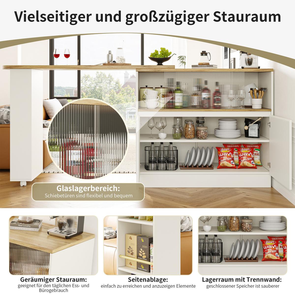 BARSCHRANK 360° drehbar & schwarz mit glastüren & flexiblem bartisch - Weiß, Holzwerkstoff (90/100/45cm) - Urban Meuble