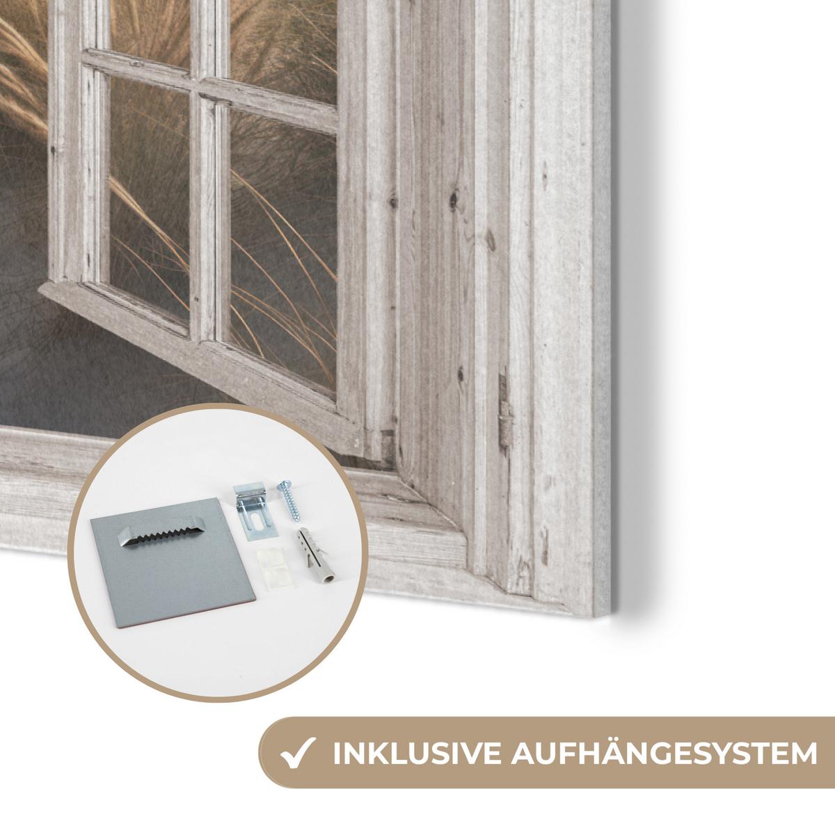 AKUSTIKBILD Fenster - Meer - Küste - Natur - Ausblick - Strand - Wattenmeer Akustikpaneele 90x60 cm - Beige, Kunststoff (90/60/0.9cm) - MuchoWow