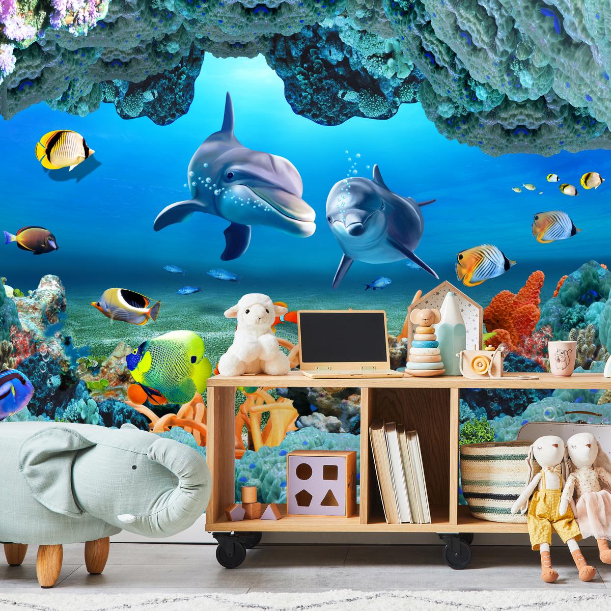 FOTOTAPETE für Badezimmer Unterwasser Korallenriff Delfin Fisch 150x105 - Türkis/Gelb, Papier (150/105cm) - Muralo