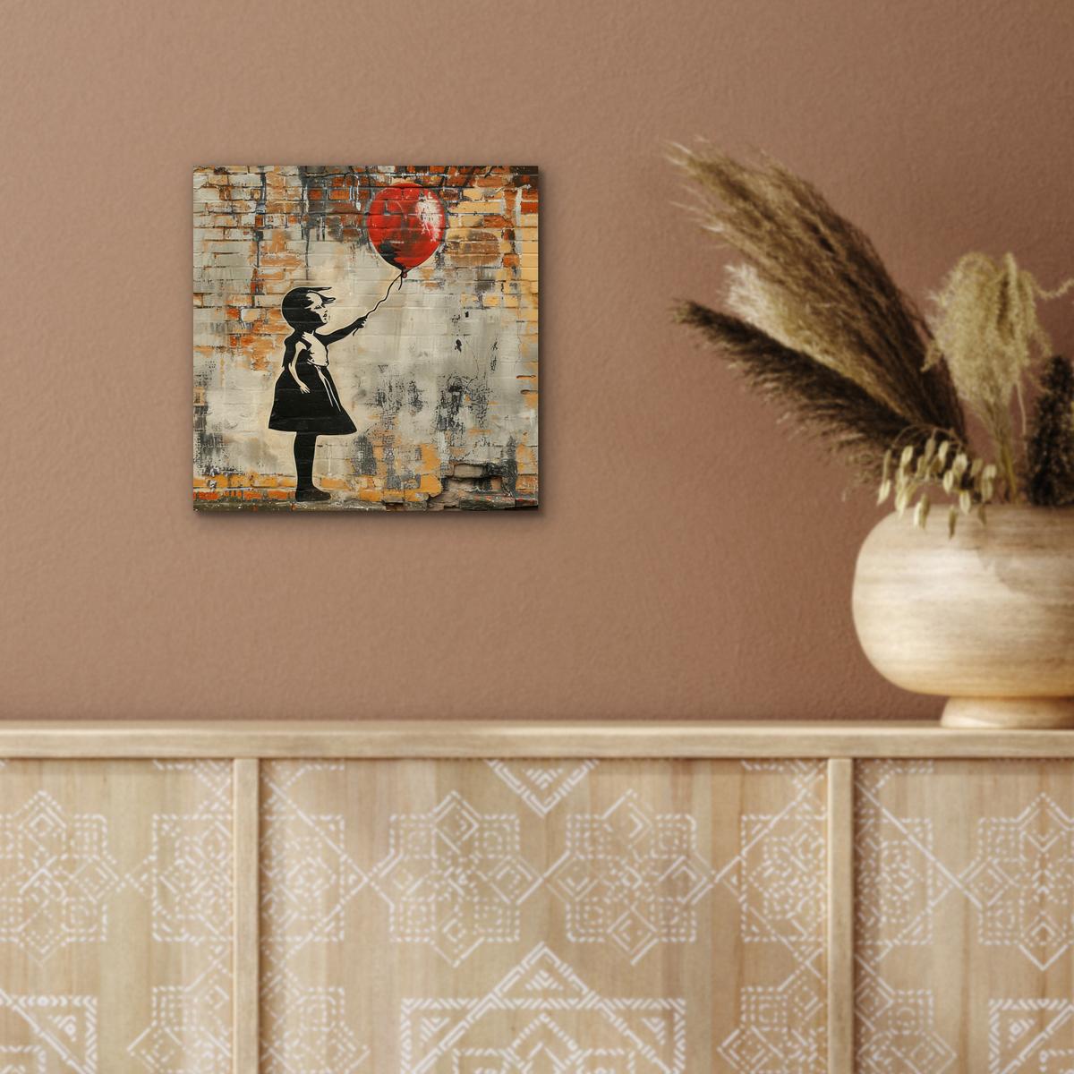 METALLBILD Graffiti - Banksy - Mädchen - Straßenkunst 20x20 cm - Sandfarben, Metall (20/20cm) - MuchoWow