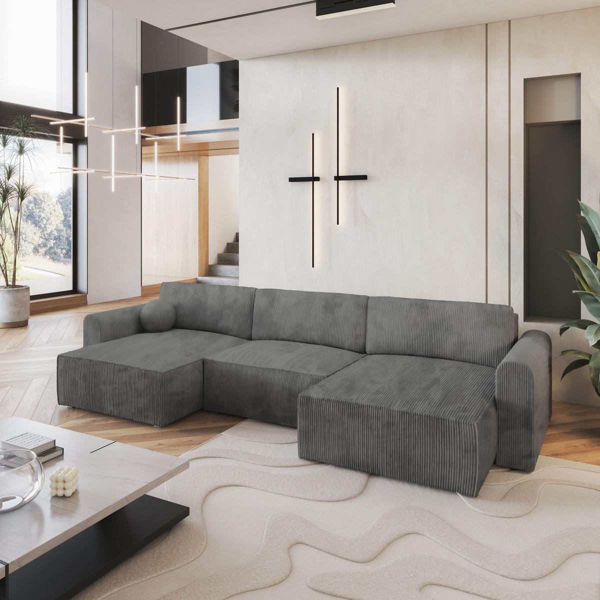 WOHNLANDSCHAFT FENTO P Grau Kordstoff mit Schlaffunktion - Grau, Holz/Kunststoff (347/90/148cm) - MASSENO