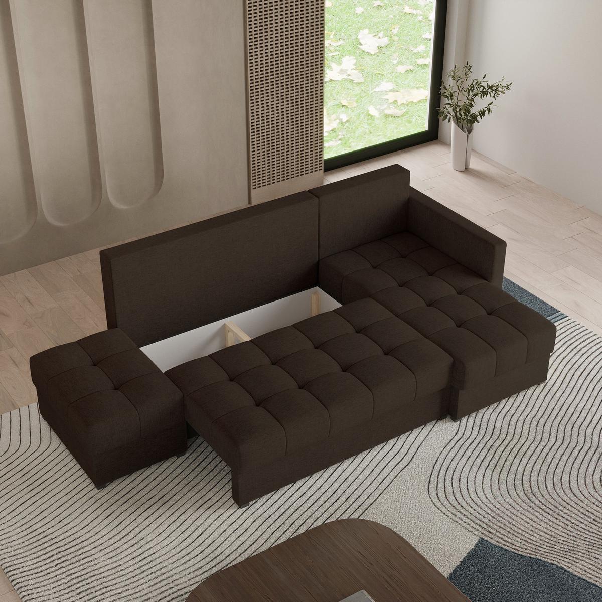 ECKSOFA LUMARI R-S Braun Plüsch-Stoff mit Schlaffunktion - Braun, Holz (262/143cm) - MASSENO